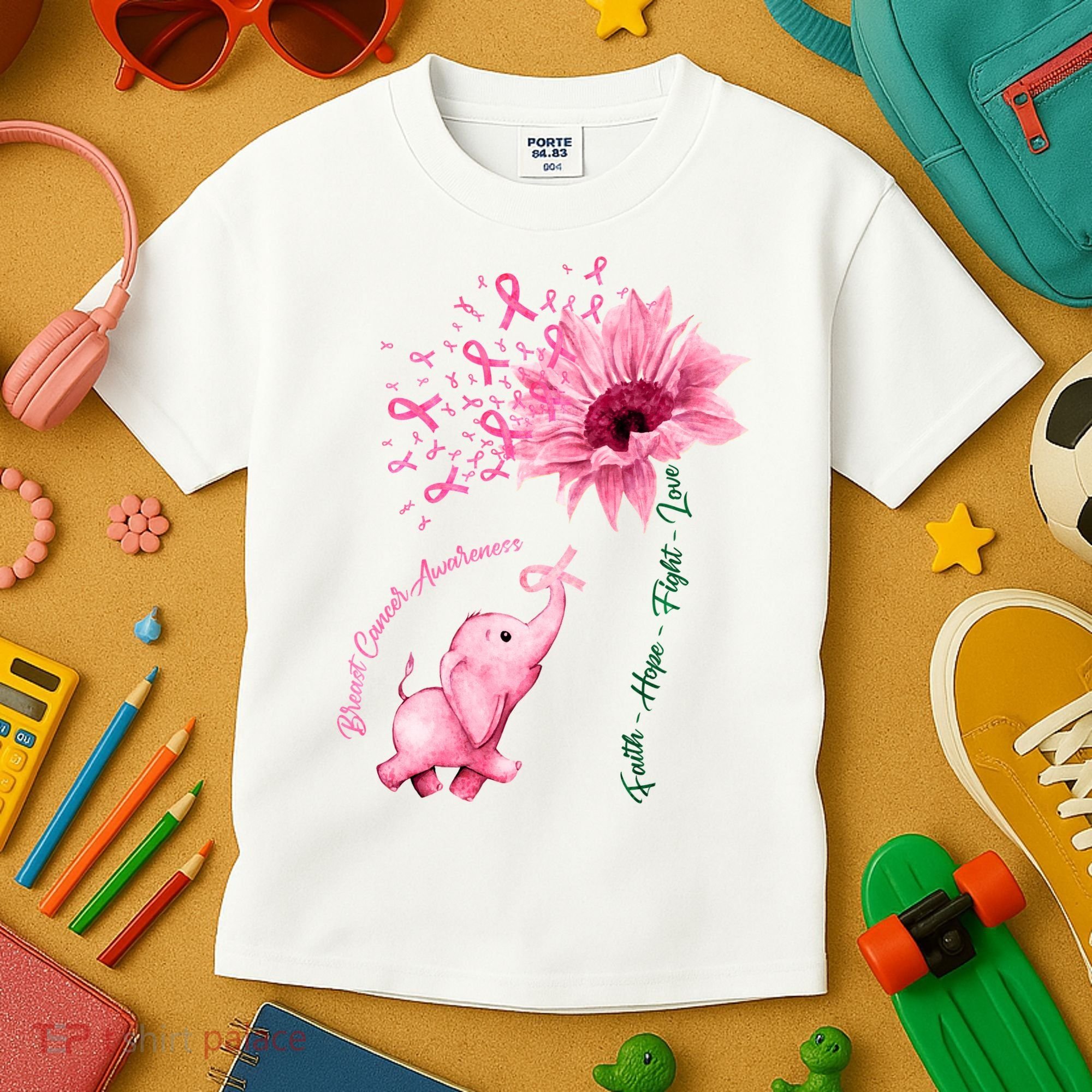 Breast Cancer Awareness Sunflower Elephant Pink Ribbon Kids T-Shirt