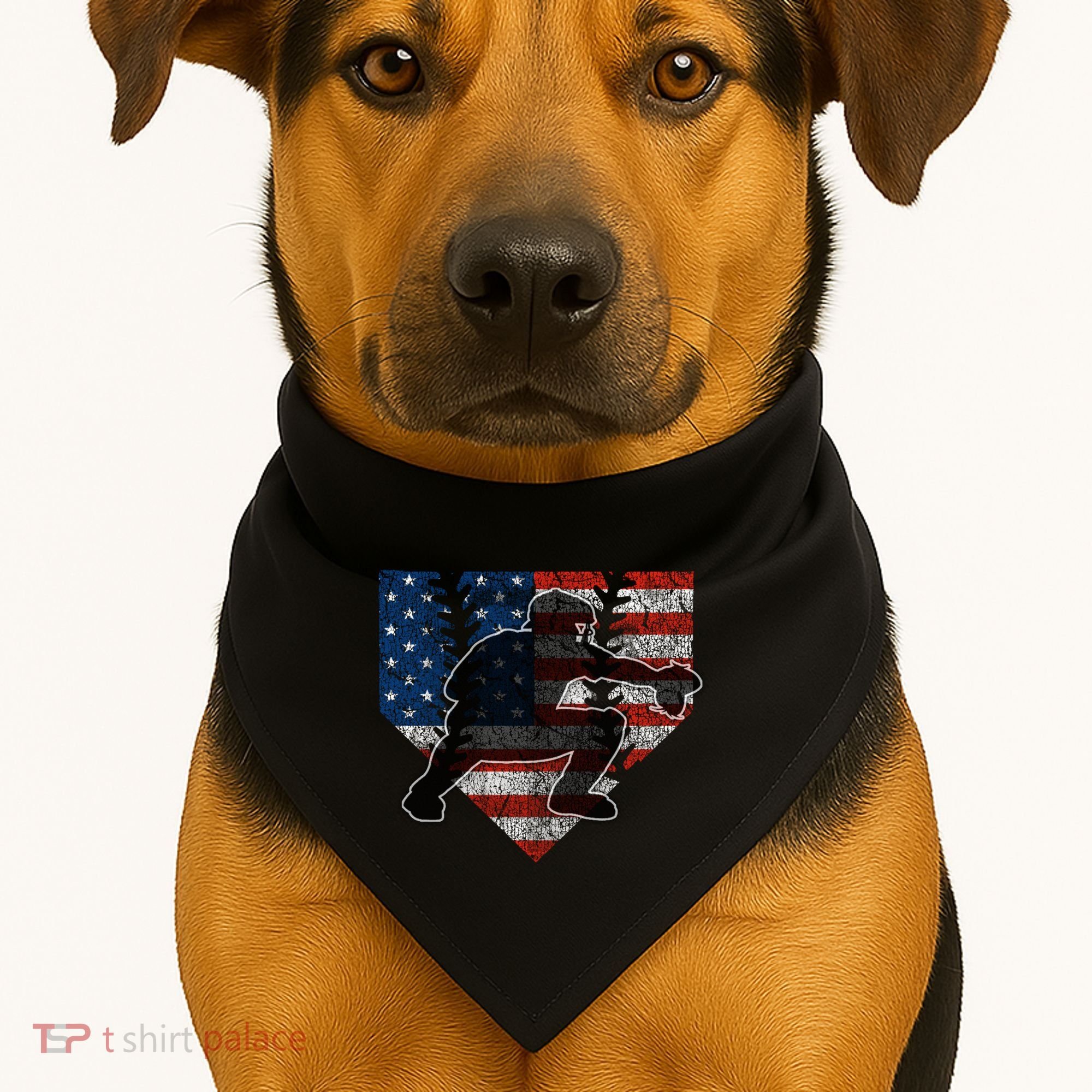 Baseball Catcher American Flag Home Plate Funny Gift USA-Made Doggie Bandana