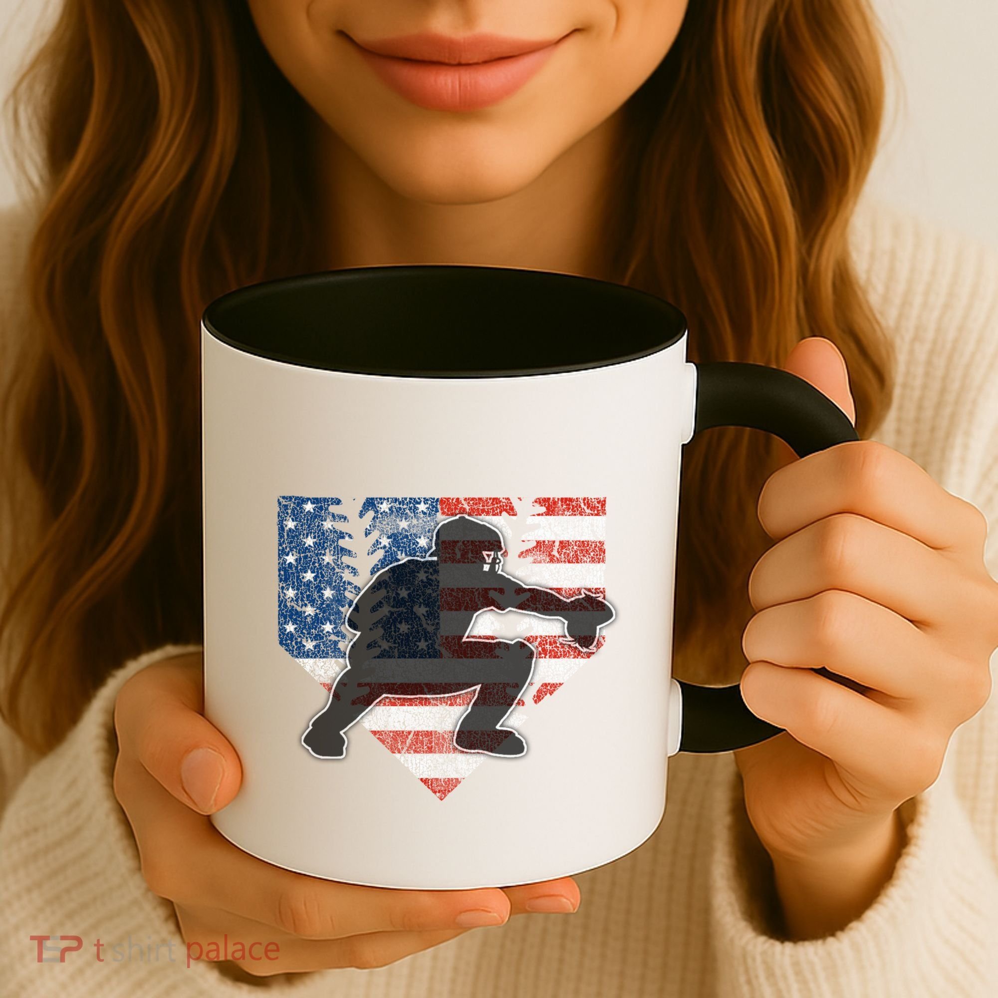 Baseball Catcher American Flag Home Plate Funny Gift Coffee Mug