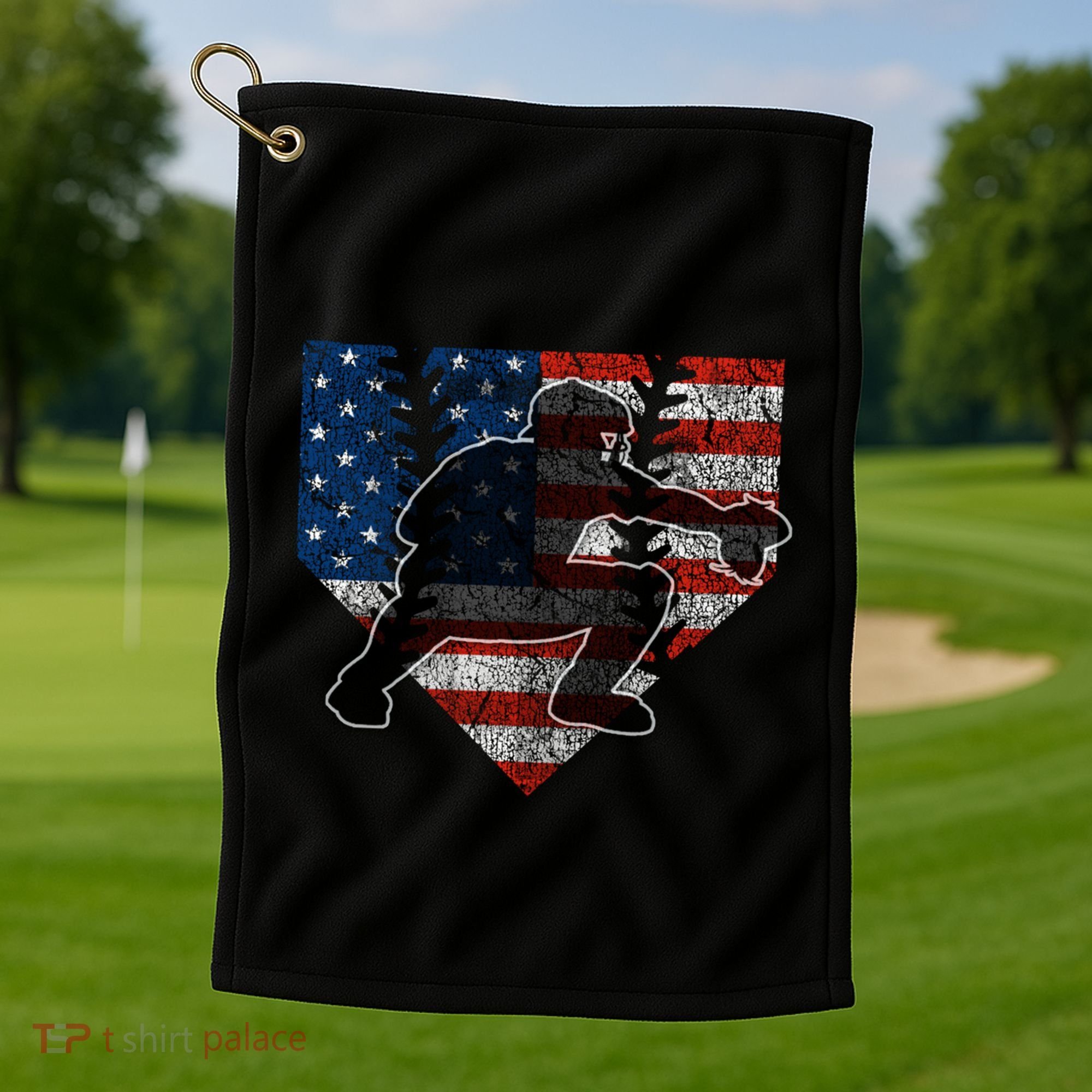 Baseball Catcher American Flag Home Plate Funny Gift Golf Towel