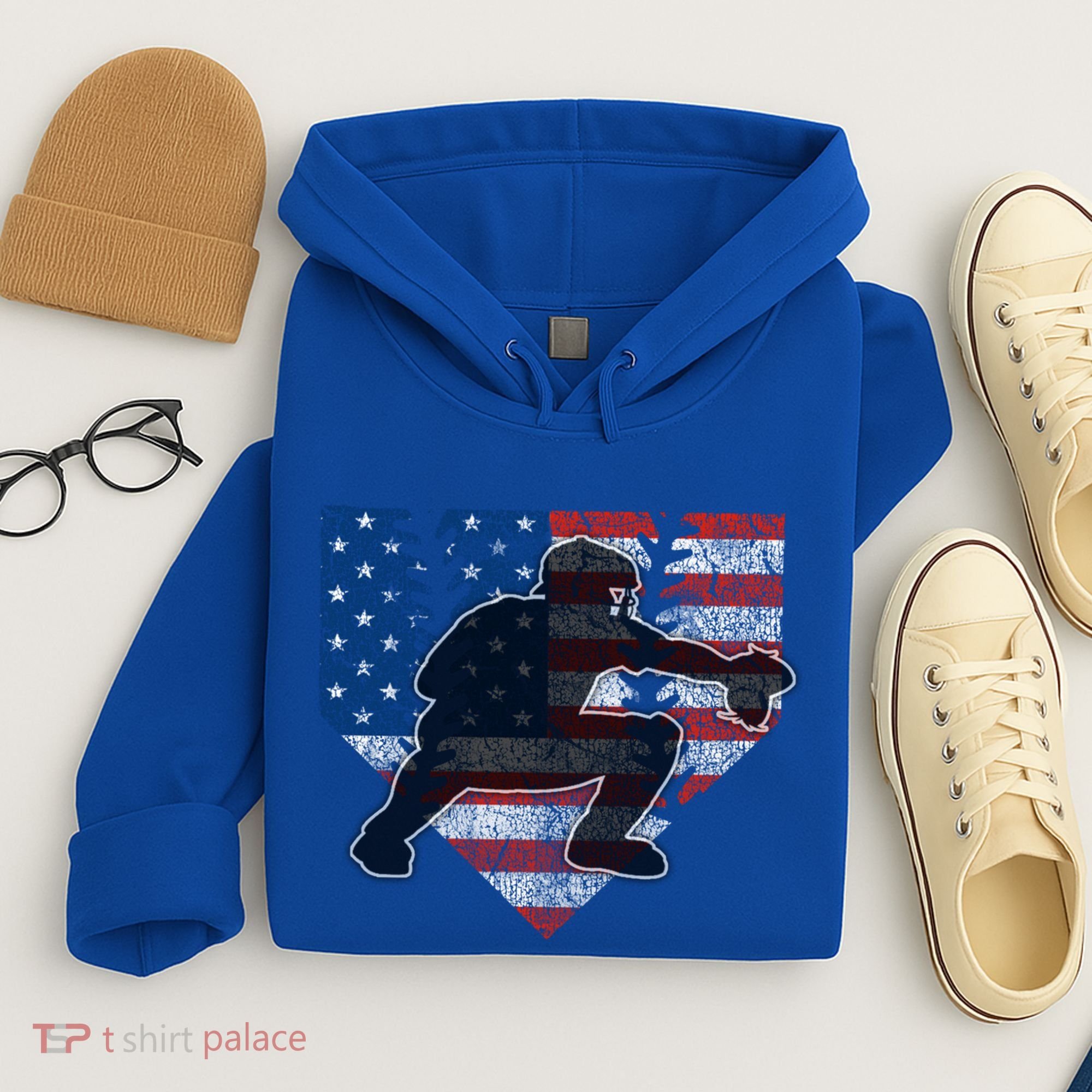 Baseball Catcher American Flag Home Plate Funny Gift Hoodie