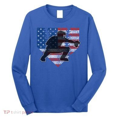 Baseball Catcher American Flag Home Plate Funny Gift Long Sleeve Shirt