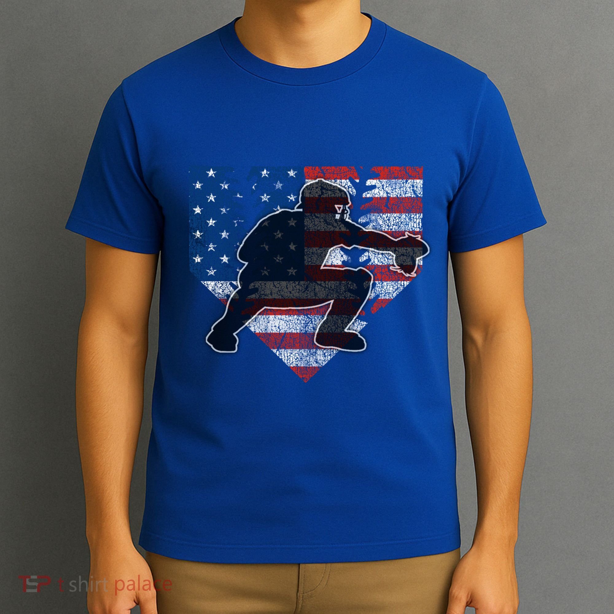 Baseball Catcher American Flag Home Plate Funny Gift T-Shirt
