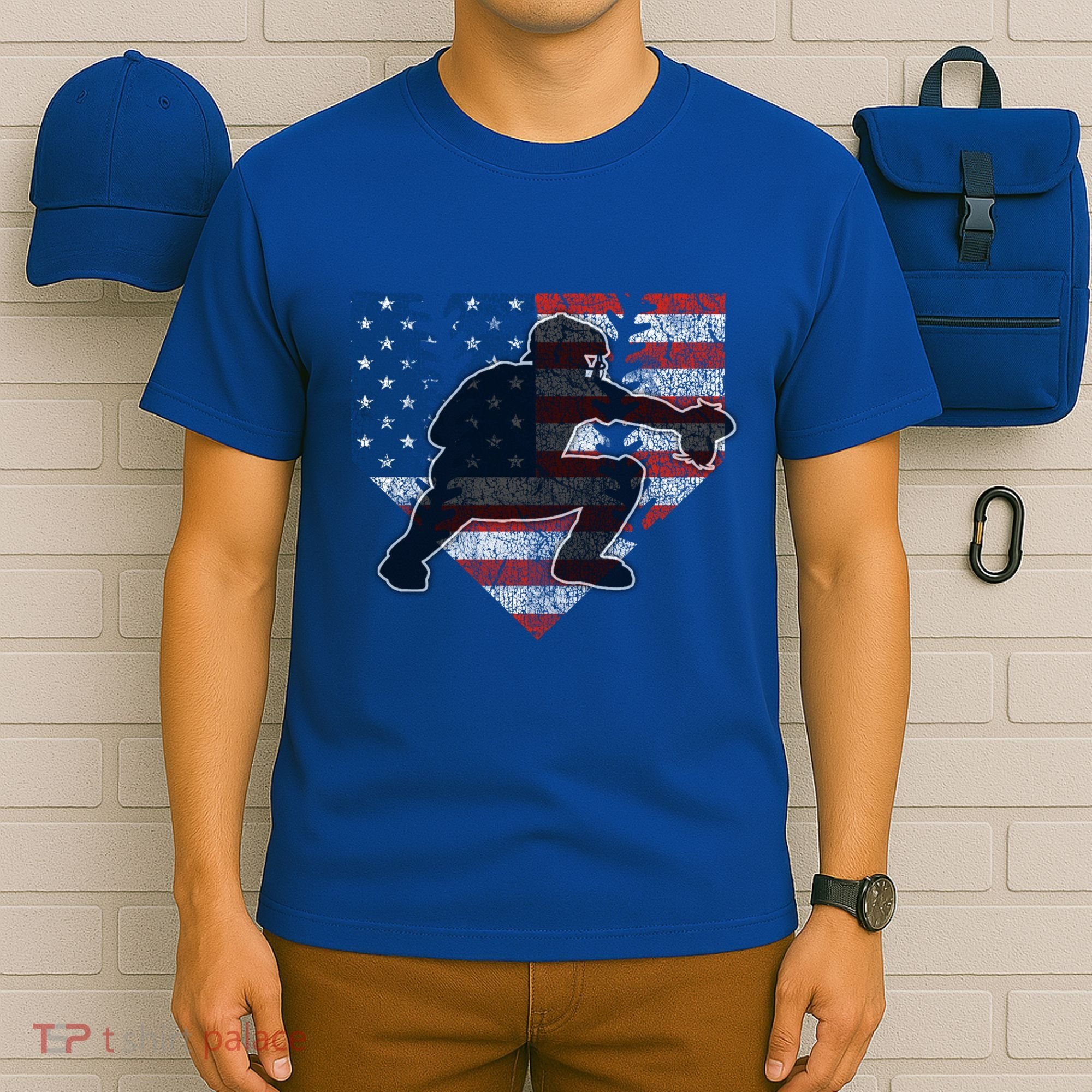 Baseball Catcher American Flag Home Plate Funny Gift T-Shirt