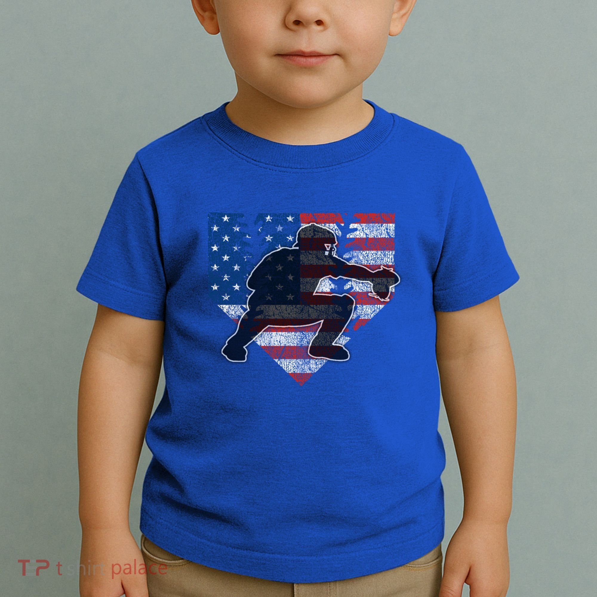 Baseball Catcher American Flag Home Plate Funny Gift Toddler T-Shirt