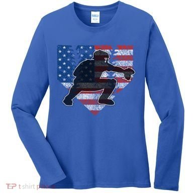 Baseball Catcher American Flag Home Plate Funny Gift Women's Long Sleeve Shirt