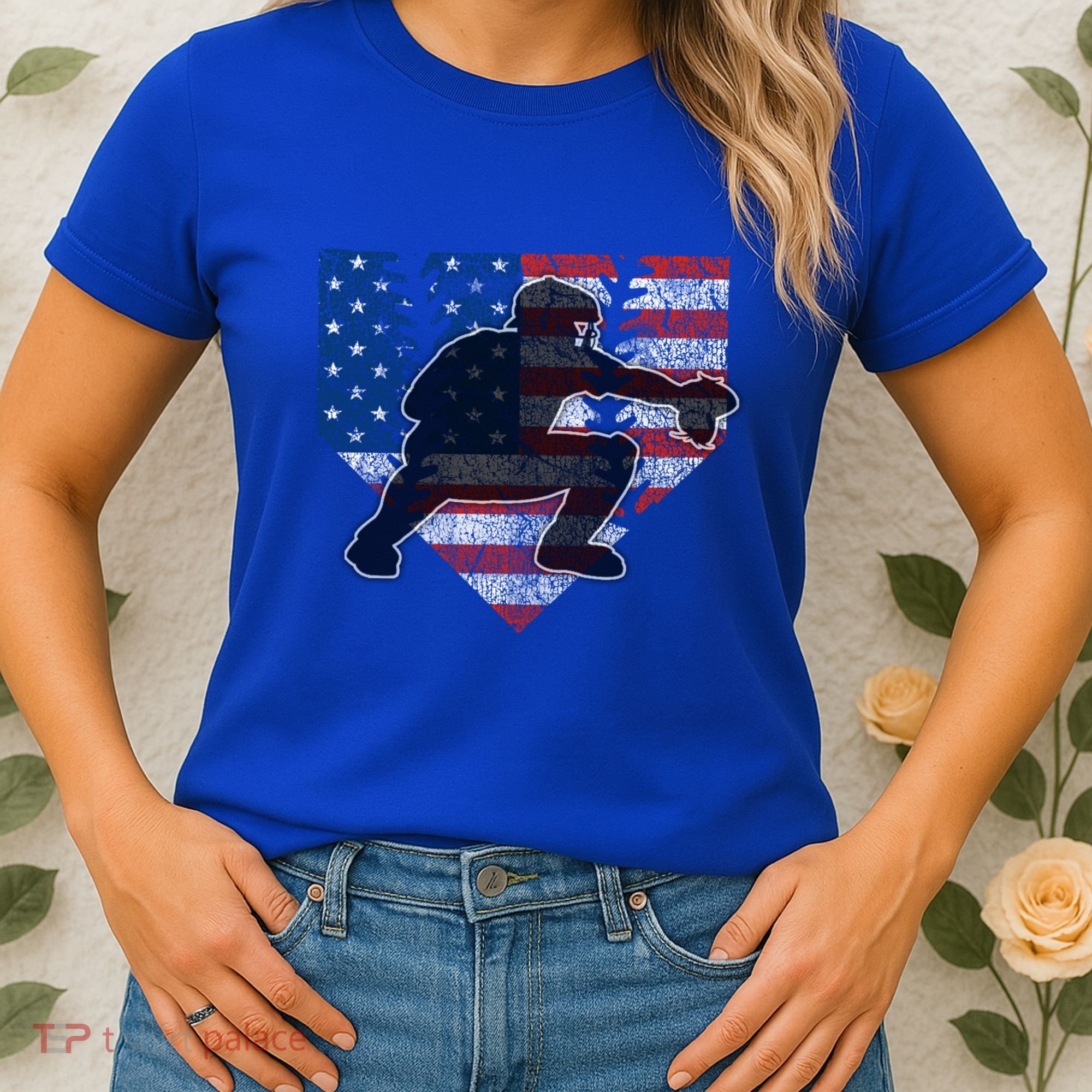 Baseball Catcher American Flag Home Plate Funny Gift Women's T-Shirt