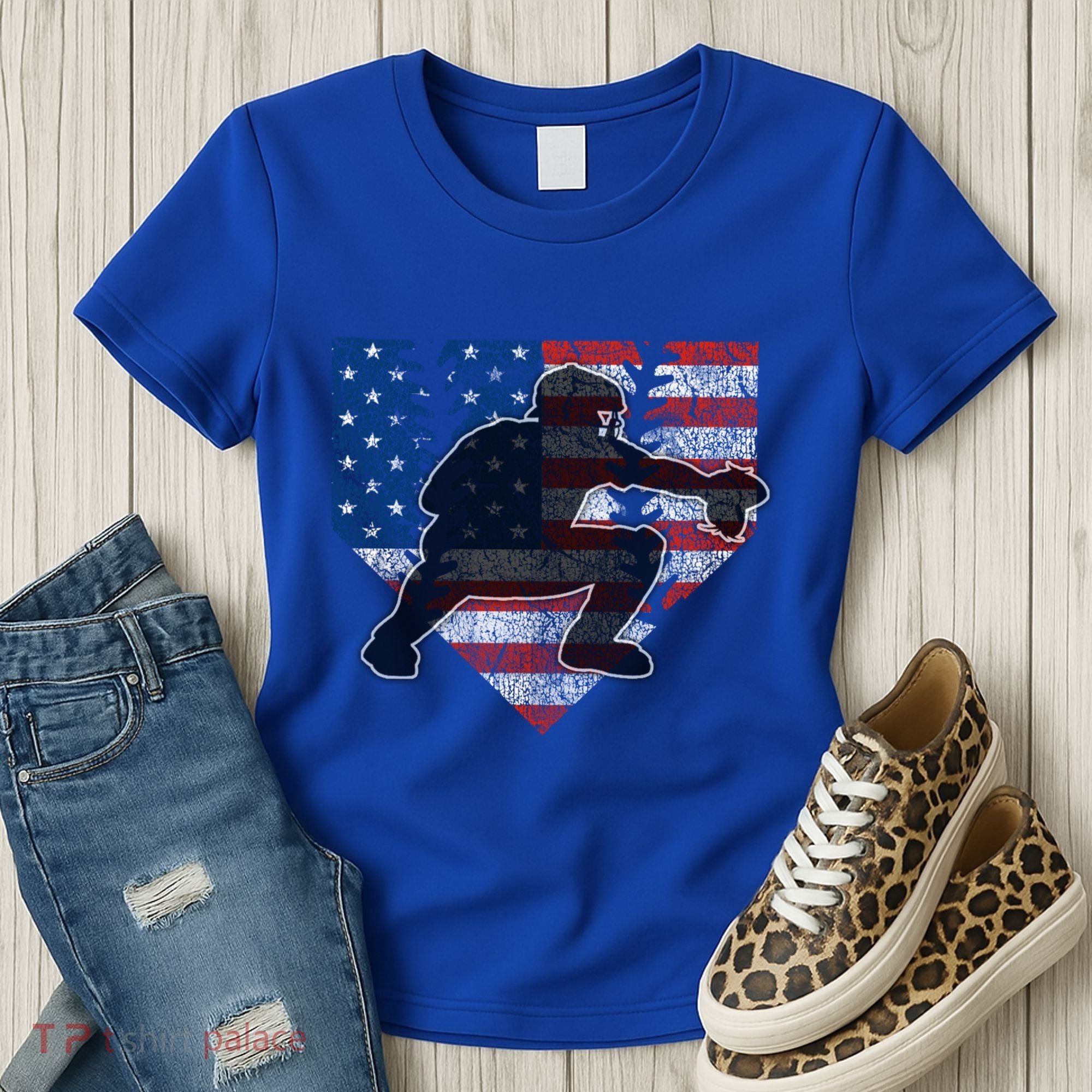 Baseball Catcher American Flag Home Plate Funny Gift Women's T-Shirt
