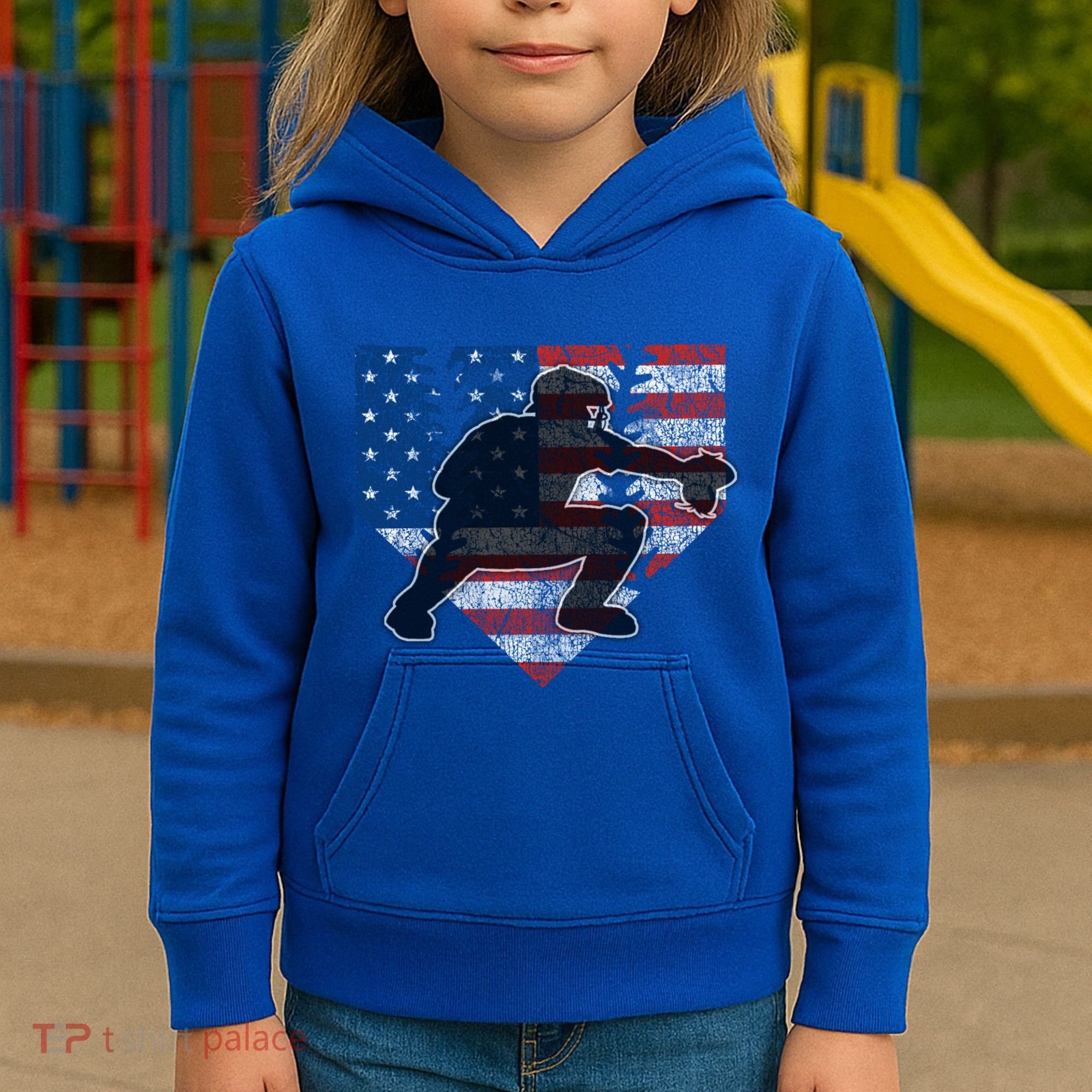 Baseball Catcher American Flag Home Plate Funny Gift Kids Hoodie