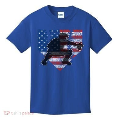 Baseball Catcher American Flag Home Plate Funny Gift Kids T-Shirt