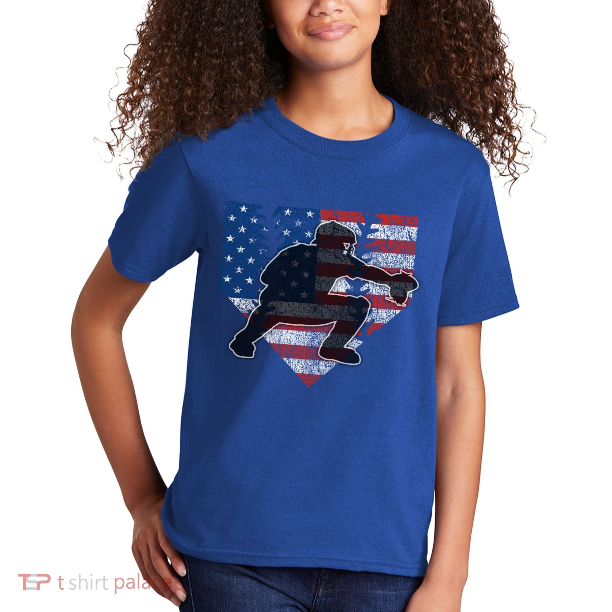 Baseball Catcher American Flag Home Plate Funny Gift Kids T-Shirt
