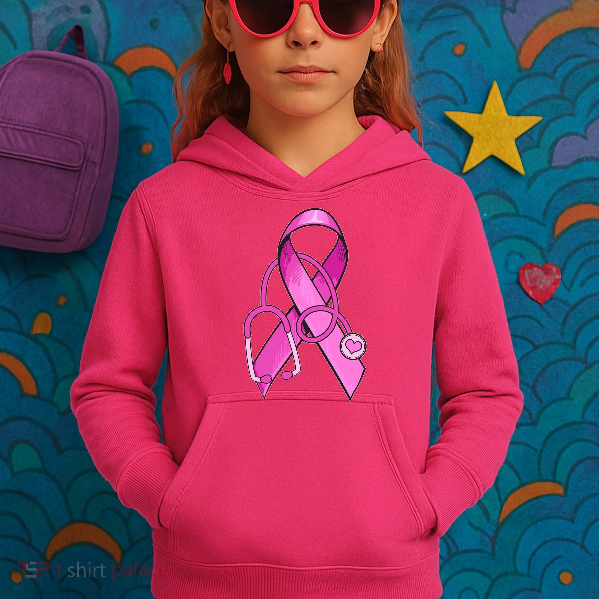 Breast Cancer Awareness Pink Ribbon Stethoscope Kids Hoodie