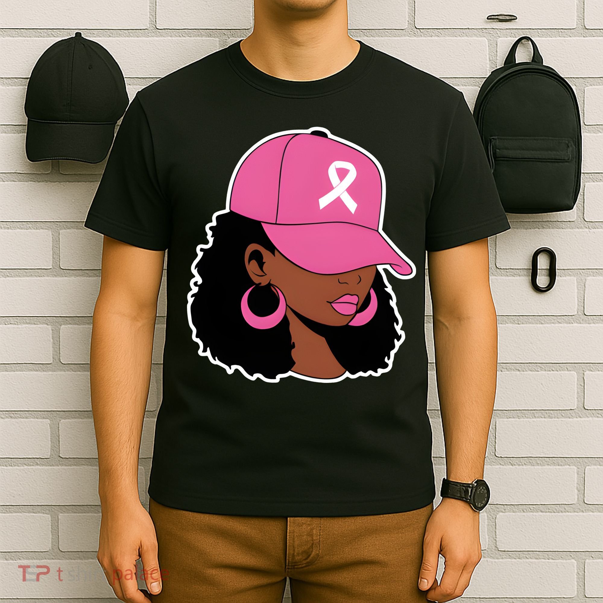 Breast Cancer Awareness Black Woman Pink Ribbon T-Shirt