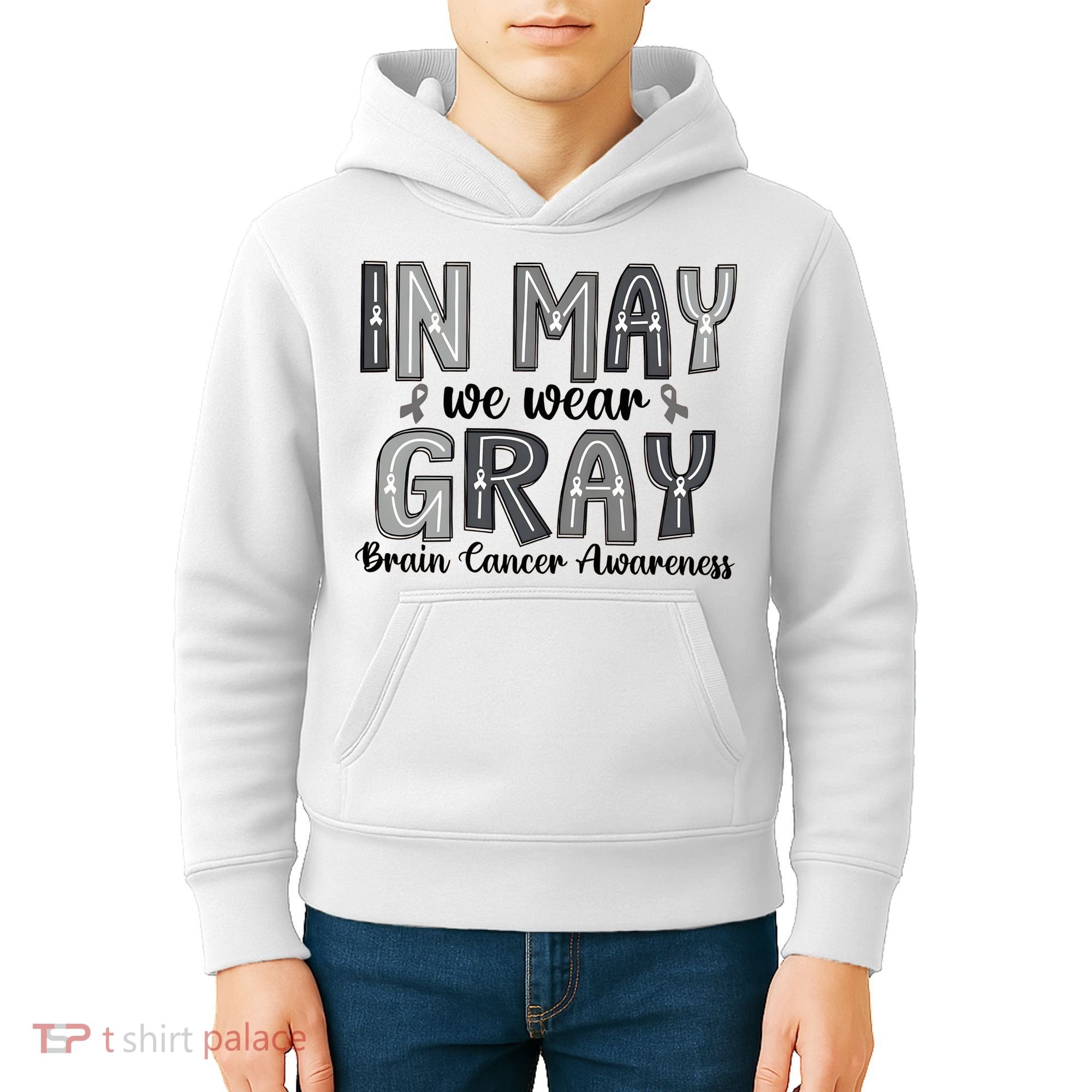 Brain Cancer Awareness Month In May We Wear Gray Kids Hoodie