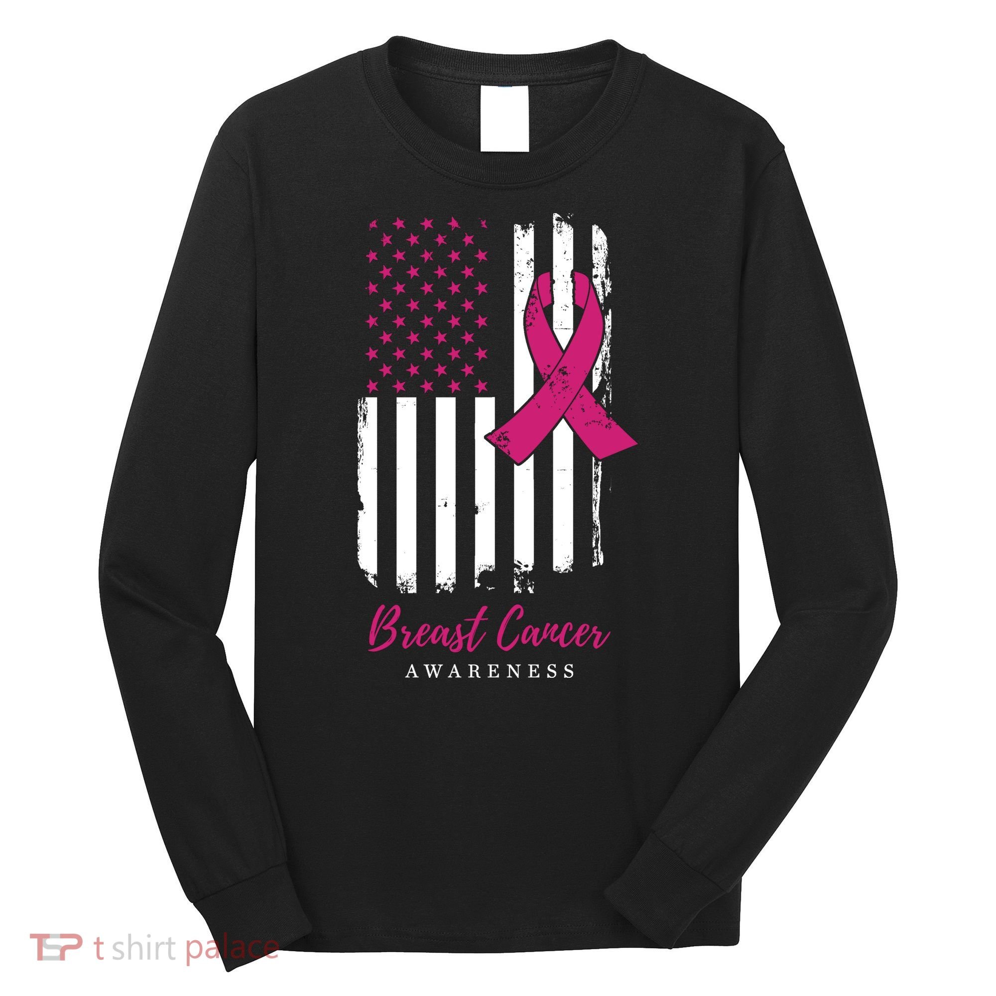 Breast Cancer Awareness US Flag Long Sleeve Shirt