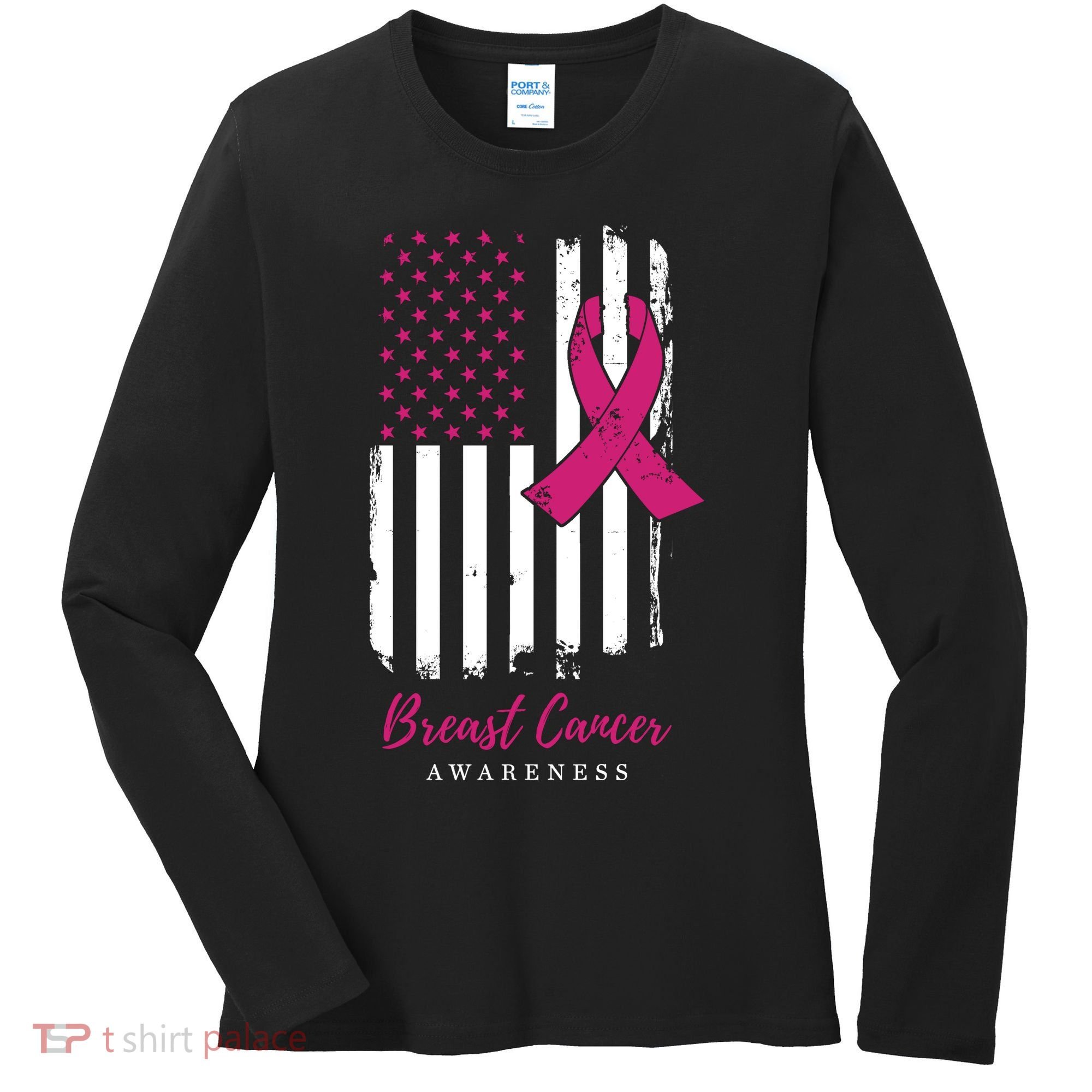 Breast Cancer Awareness US Flag Women's Long Sleeve Shirt