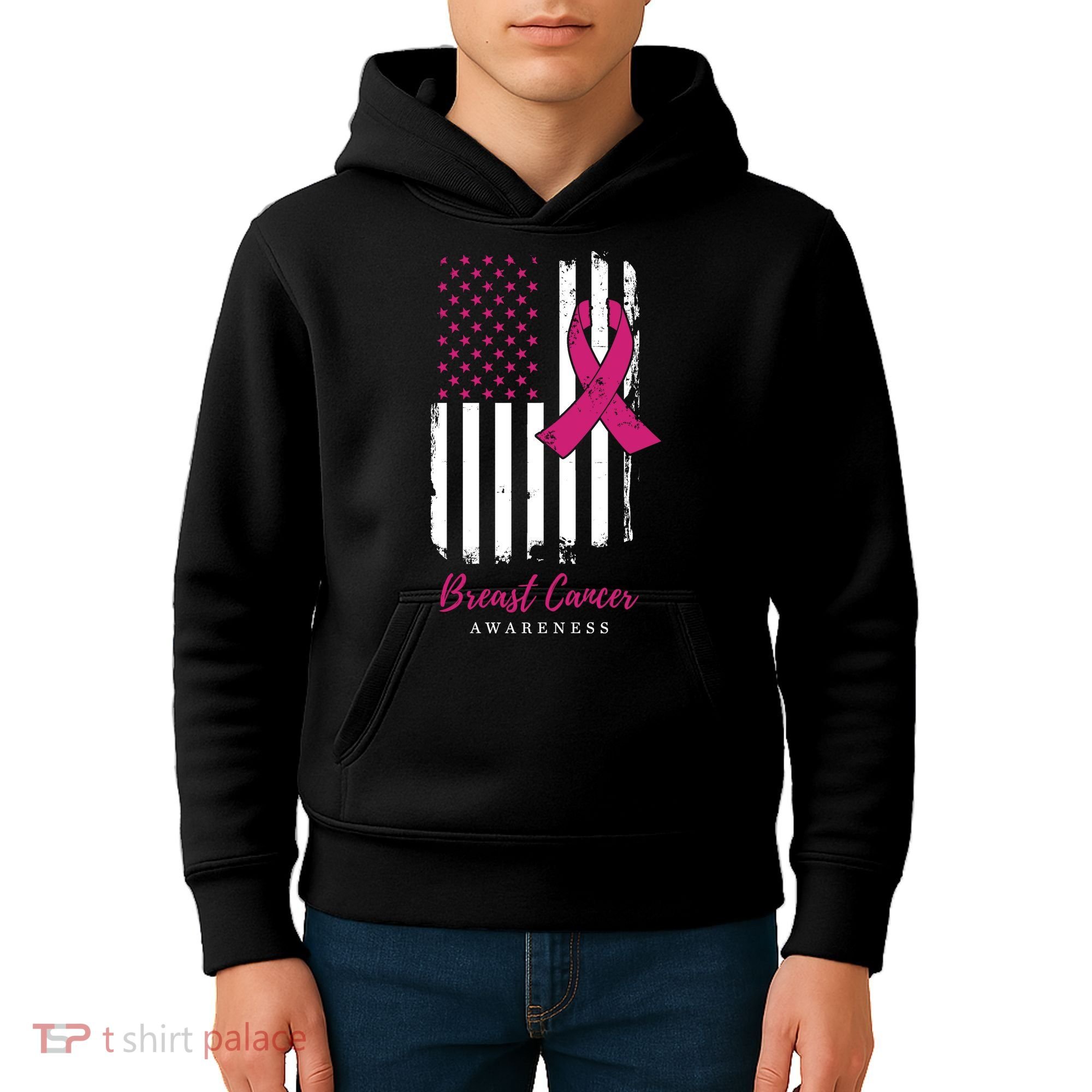 Breast Cancer Awareness US Flag Kids Hoodie