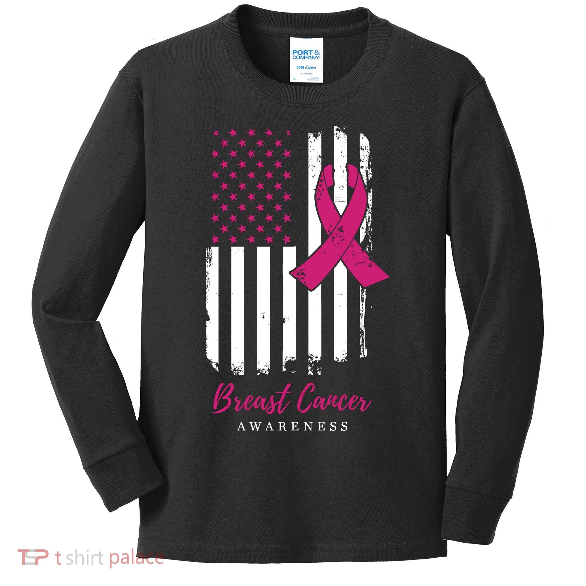 Breast Cancer Awareness US Flag Kids Long Sleeve Shirt