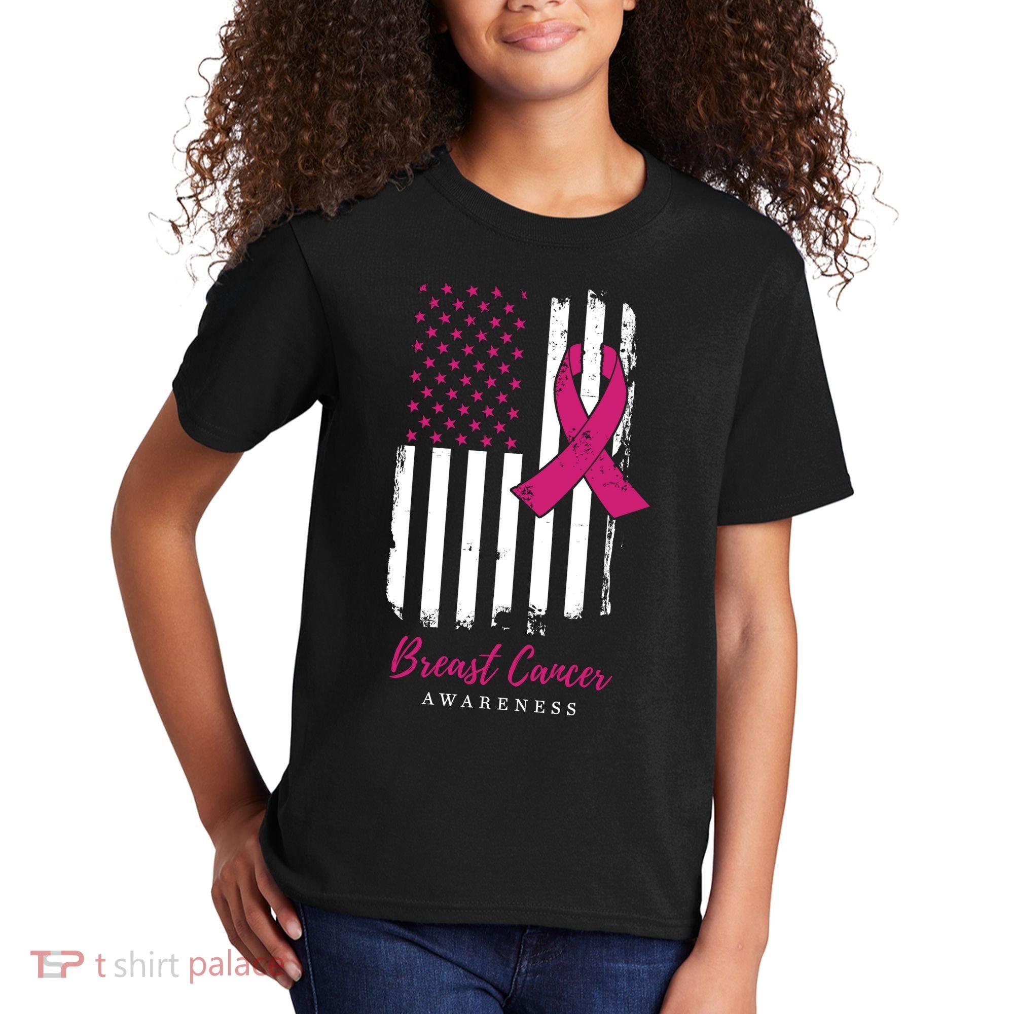 Breast Cancer Awareness US Flag Kids T-Shirt