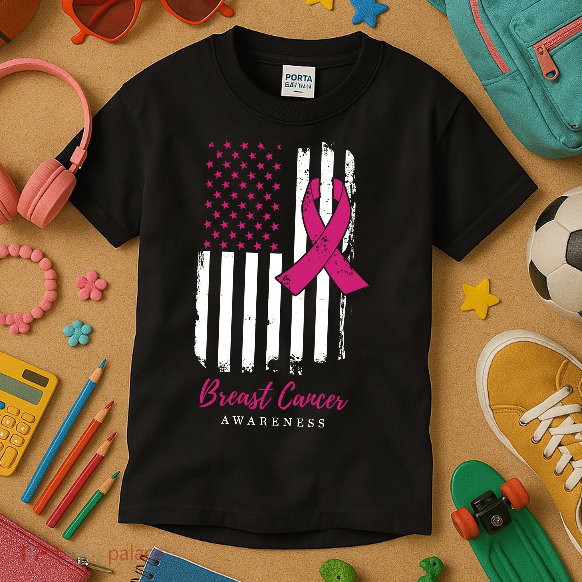 Breast Cancer Awareness US Flag Kids T-Shirt