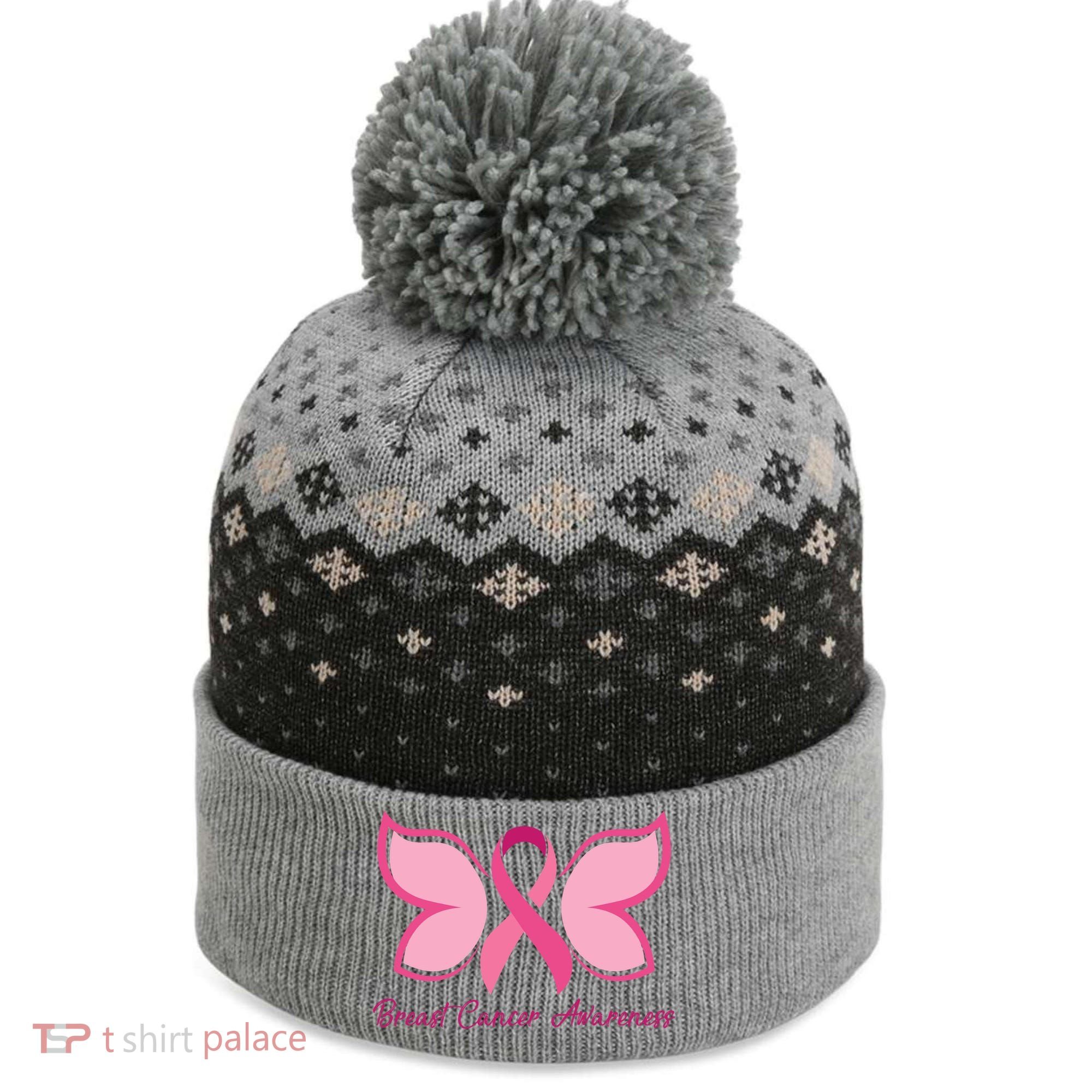 Breast Cancer Awareness Butterfly Pink Ribbon The Baniff Cuffed Pom Beanie
