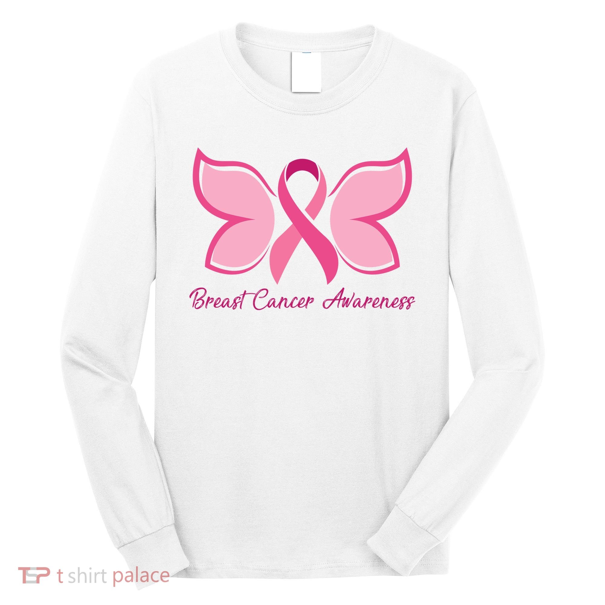 Breast Cancer Awareness Butterfly Pink Ribbon Long Sleeve Shirt