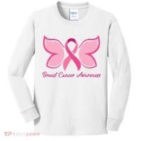 Breast Cancer Awareness Butterfly Pink Ribbon Kids Long Sleeve Shirt thumb 0