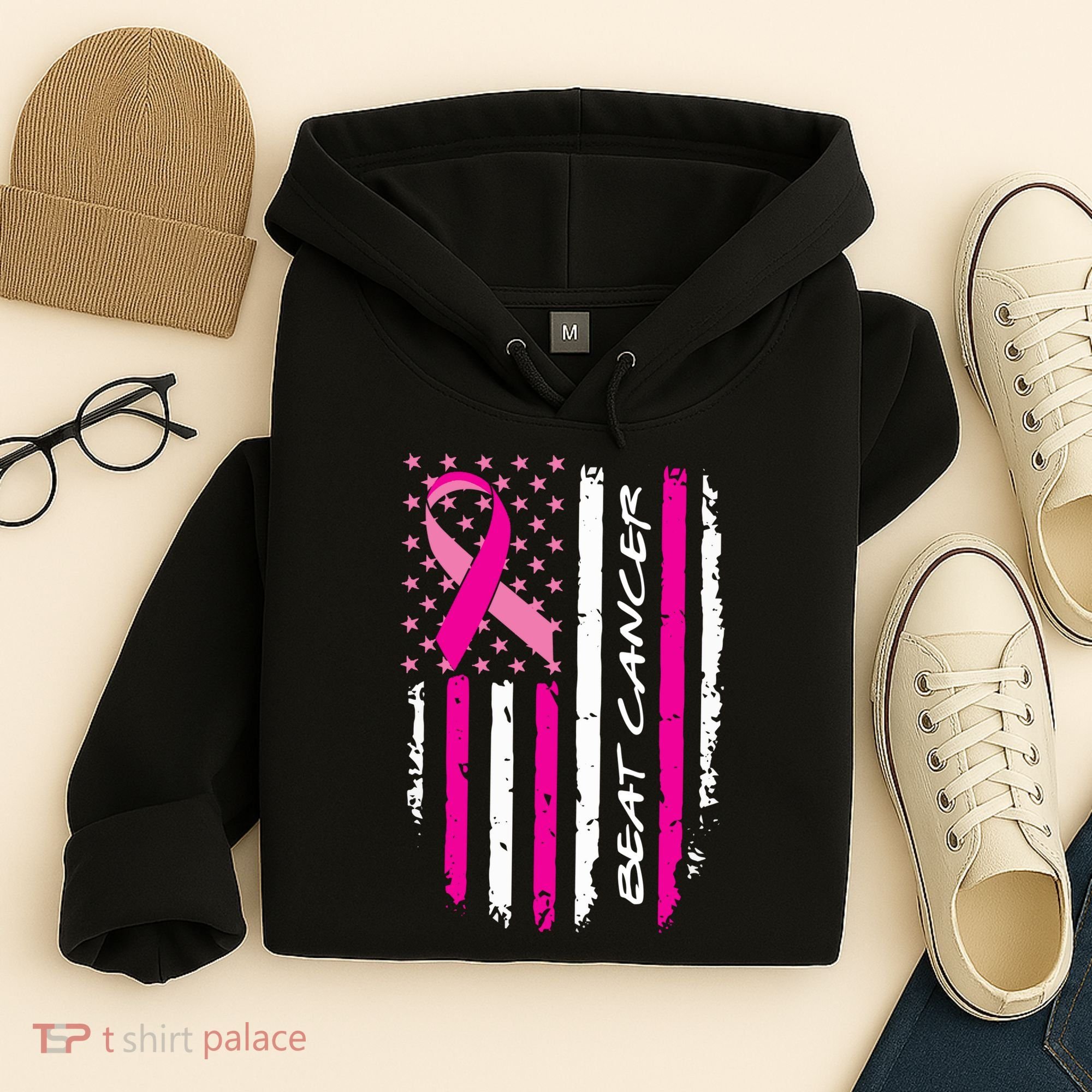 Breast Cancer Awareness USA Distressed Flag Hoodie