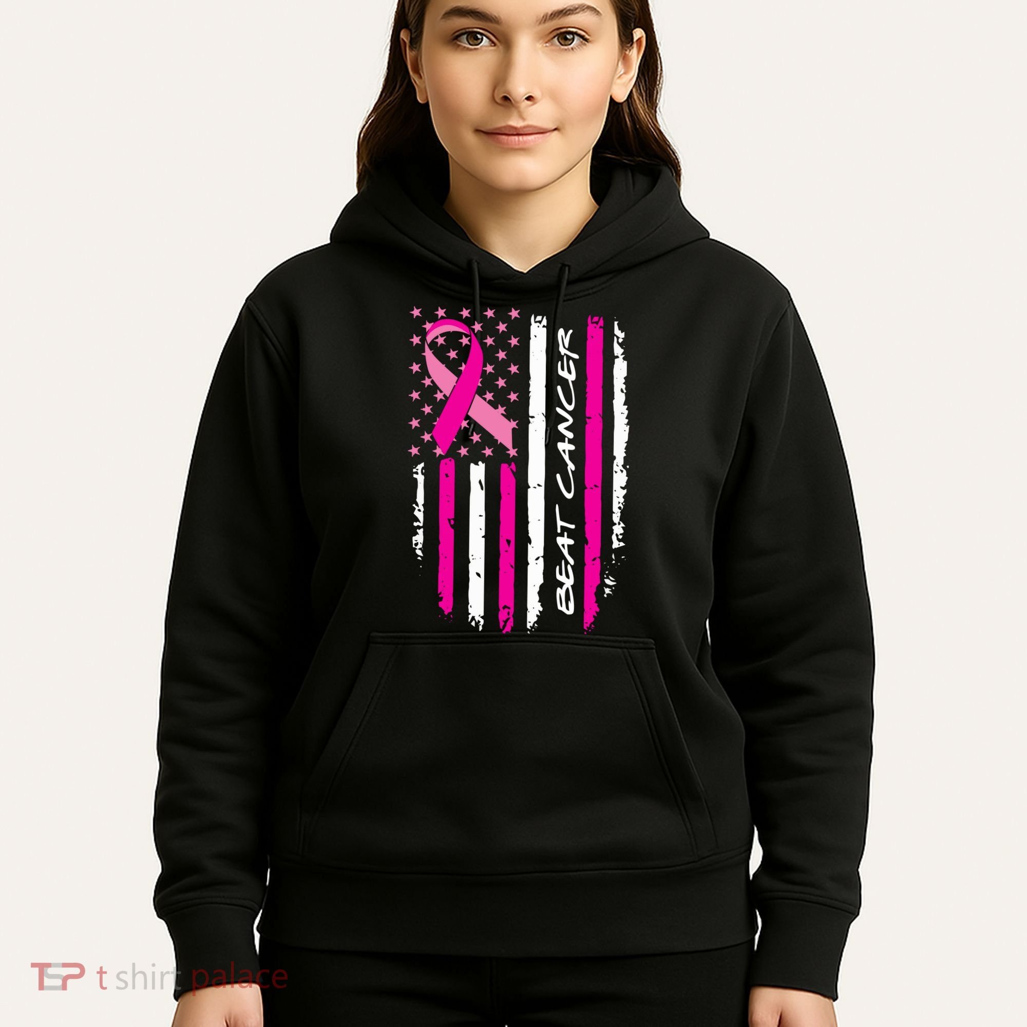 Breast Cancer Awareness USA Distressed Flag Hoodie