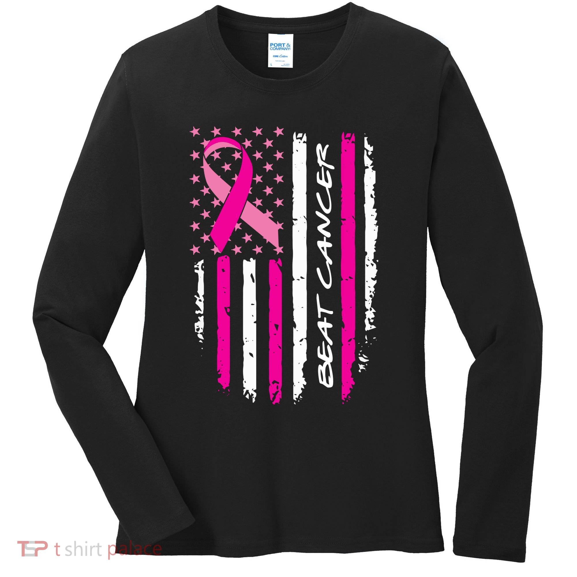 Breast Cancer Awareness USA Distressed Flag Women's Long Sleeve Shirt