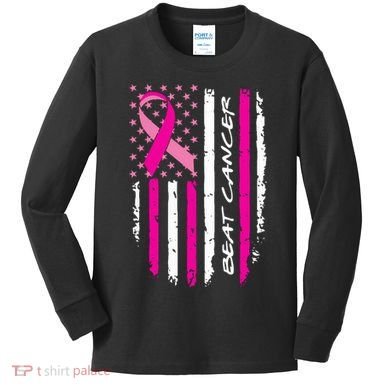 Breast Cancer Awareness USA Distressed Flag Kids Long Sleeve Shirt
