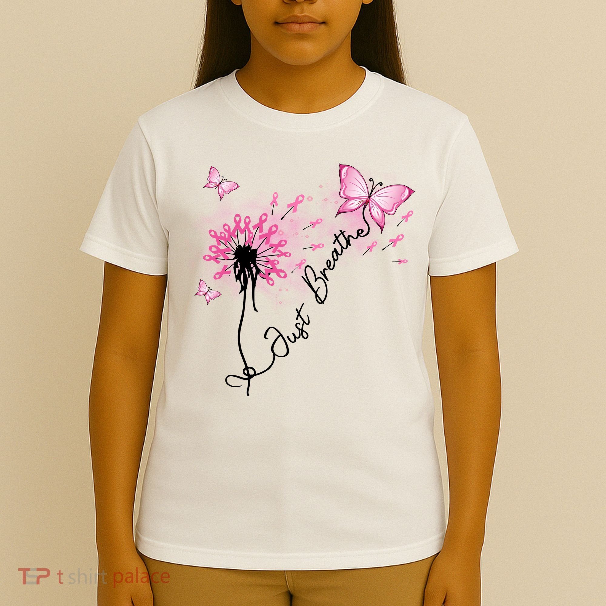 Breast Cancer Awareness Just Breathe Dandelion Pink Ribbon Butterfly T-Shirt