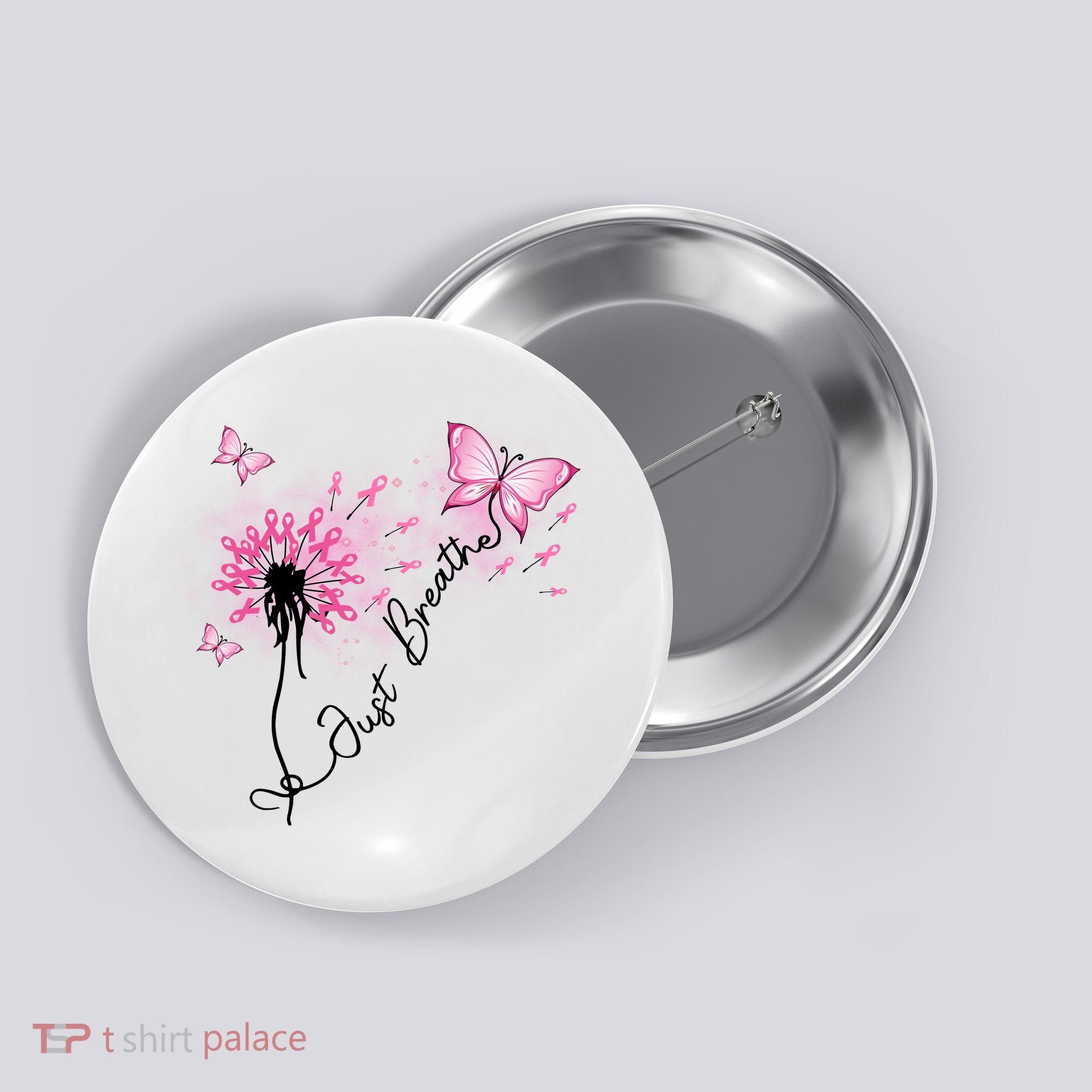 Breast Cancer Awareness Just Breathe Dandelion Pink Ribbon Butterfly Button