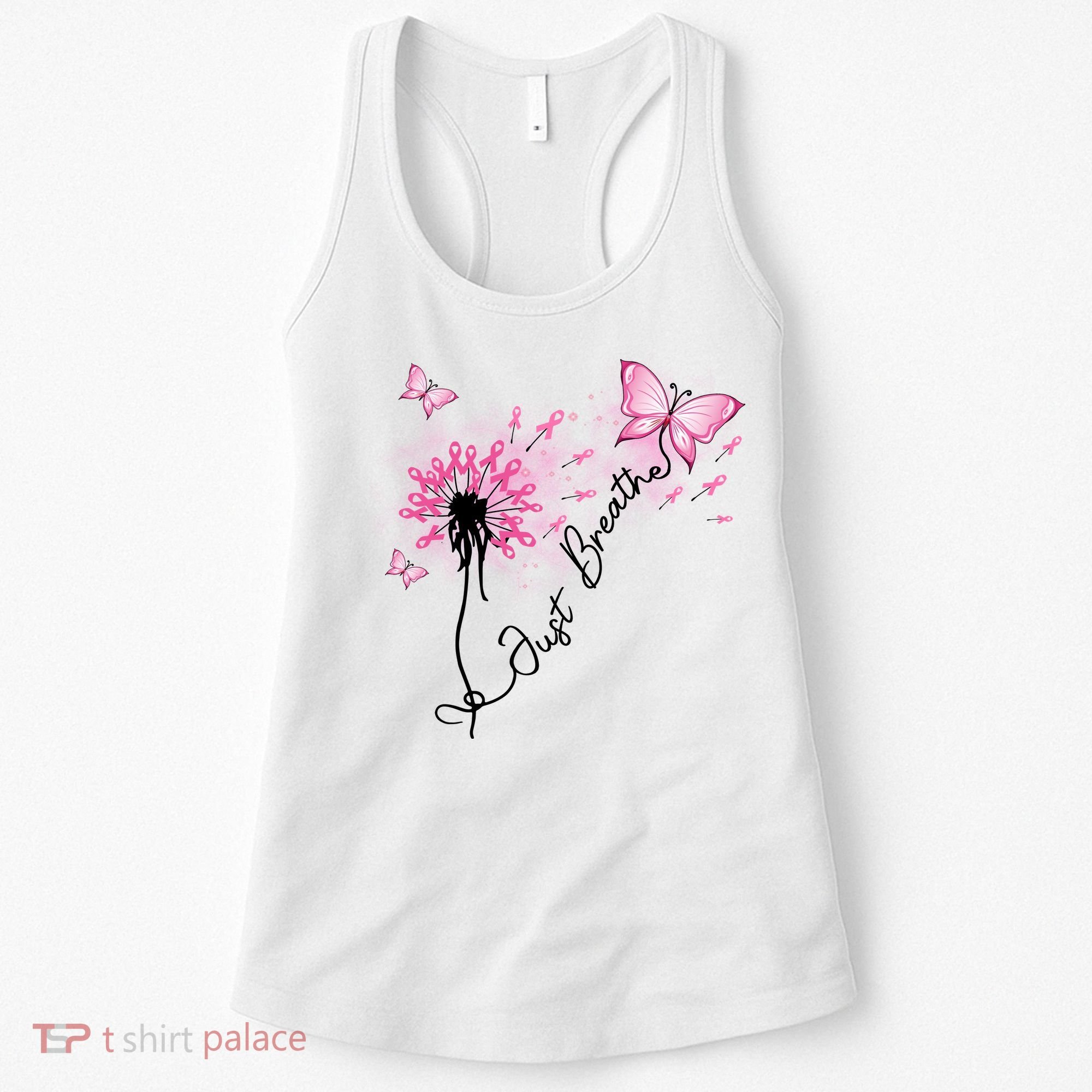 Breast Cancer Awareness Just Breathe Dandelion Pink Ribbon Butterfly Women's Tank Top