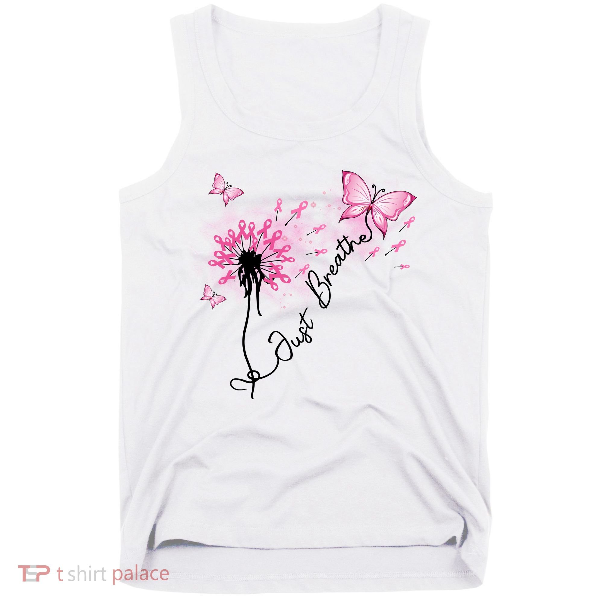 Breast Cancer Awareness Just Breathe Dandelion Pink Ribbon Butterfly Tank Top