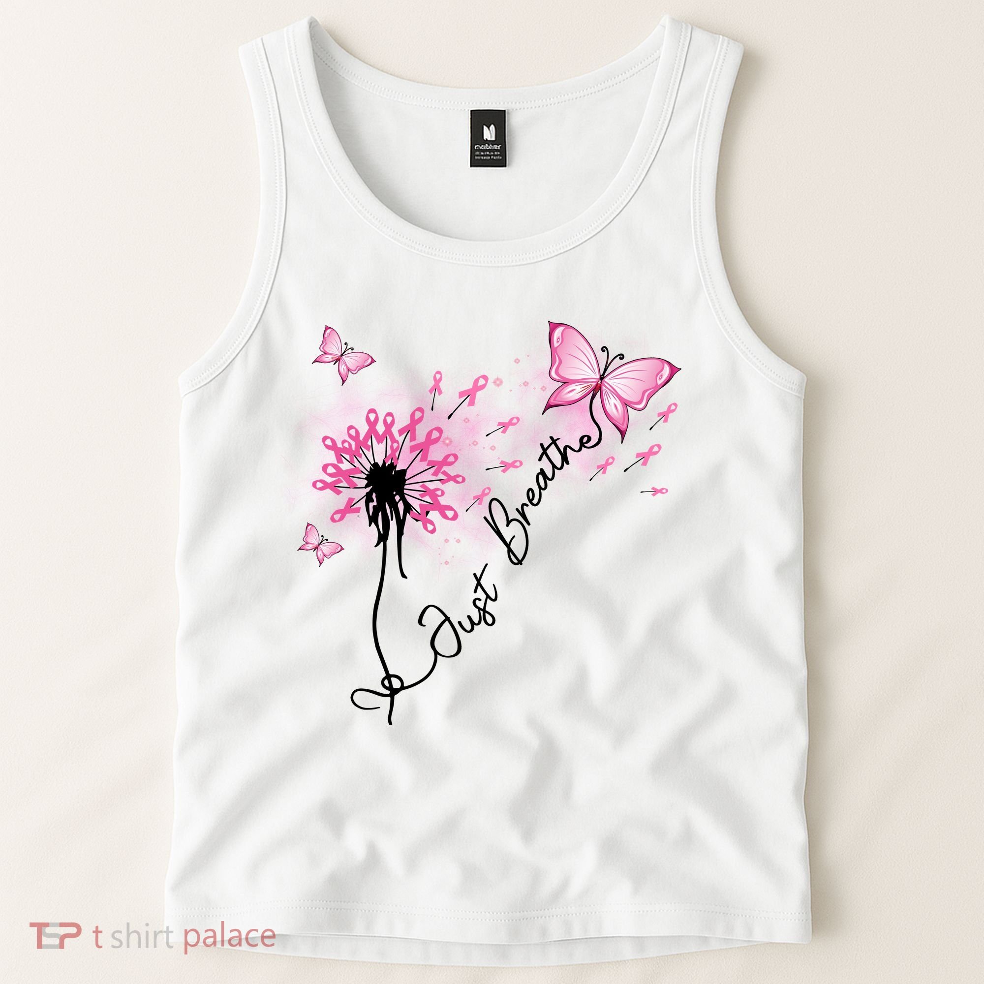 Breast Cancer Awareness Just Breathe Dandelion Pink Ribbon Butterfly Tank Top