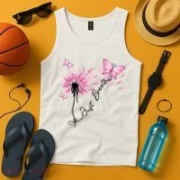 Breast Cancer Awareness Just Breathe Dandelion Pink Ribbon Butterfly Tank Top thumb 4