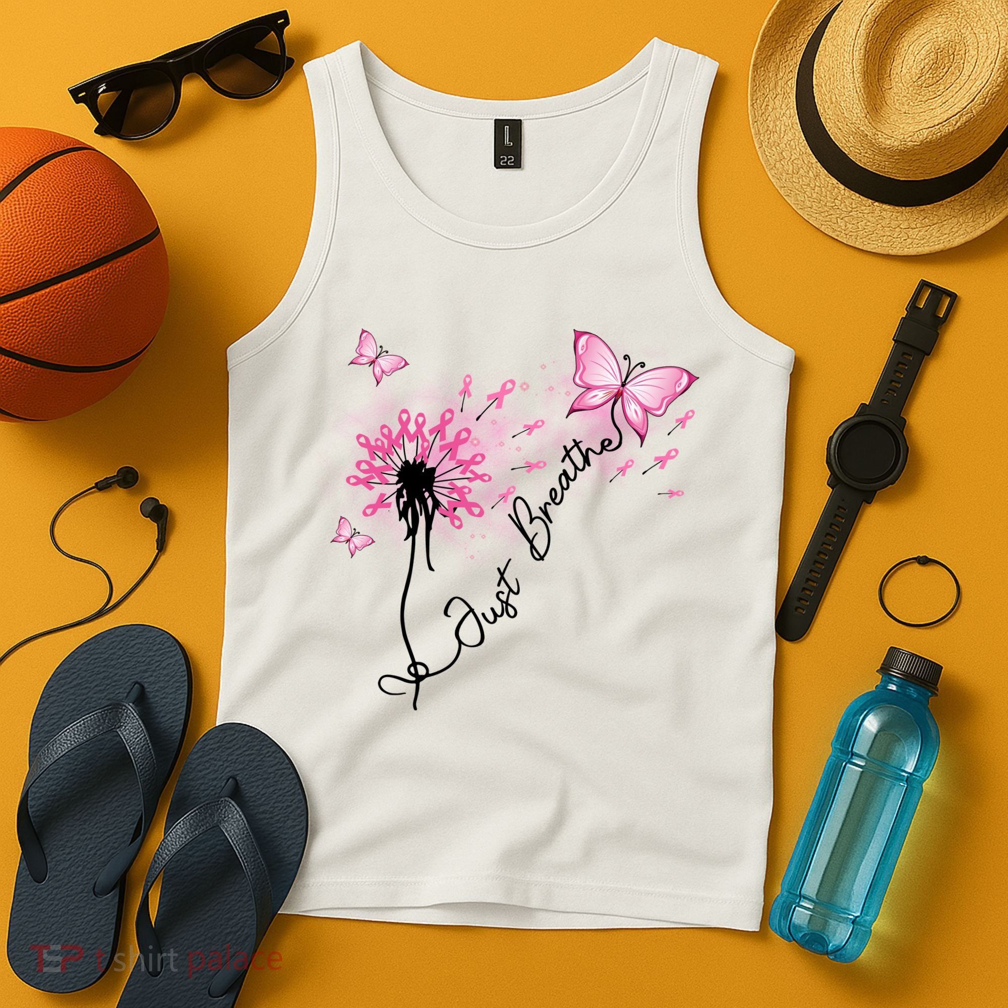 Breast Cancer Awareness Just Breathe Dandelion Pink Ribbon Butterfly Tank Top