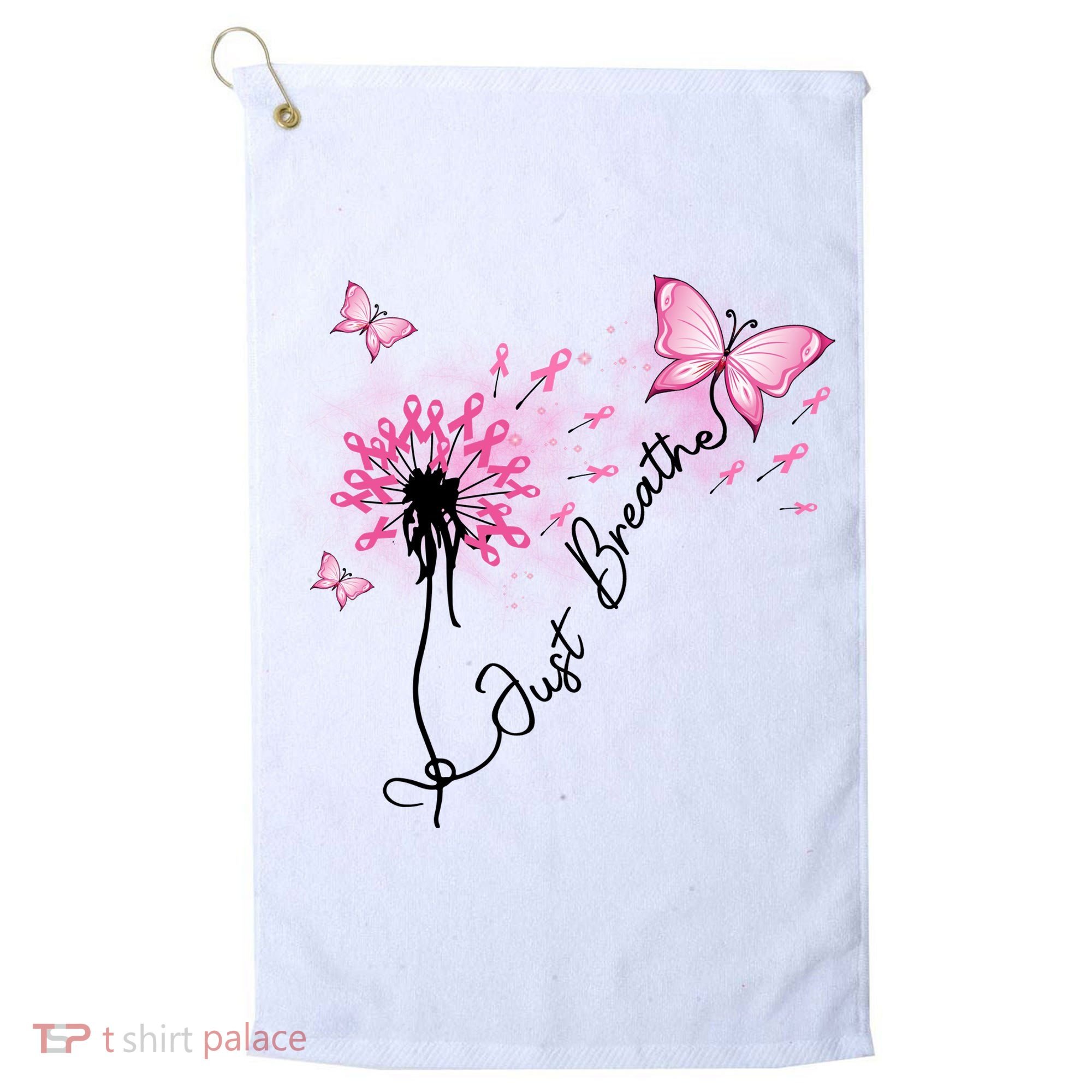 Breast Cancer Awareness Just Breathe Dandelion Pink Ribbon Butterfly Golf Towel