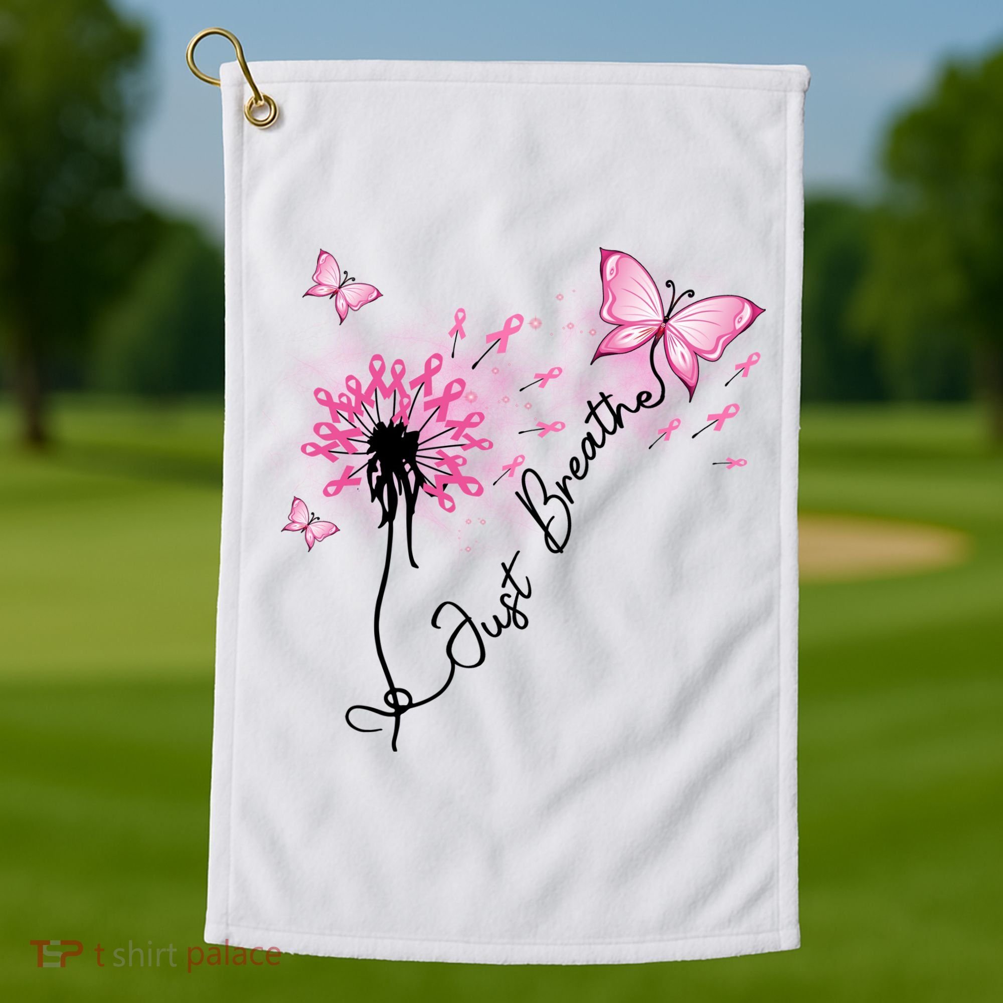 Breast Cancer Awareness Just Breathe Dandelion Pink Ribbon Butterfly Golf Towel