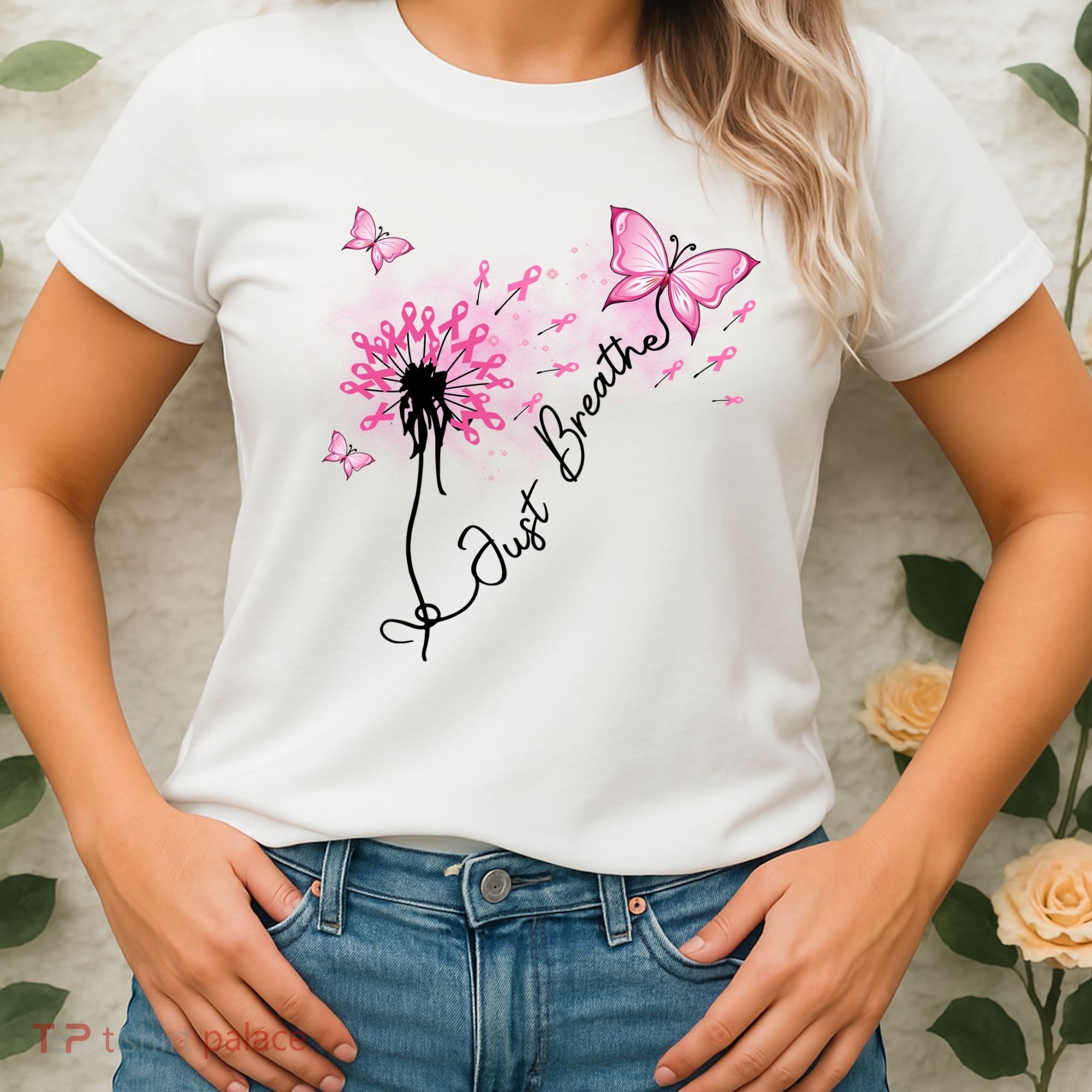 Breast Cancer Awareness Just Breathe Dandelion Pink Ribbon Butterfly Women's T-Shirt