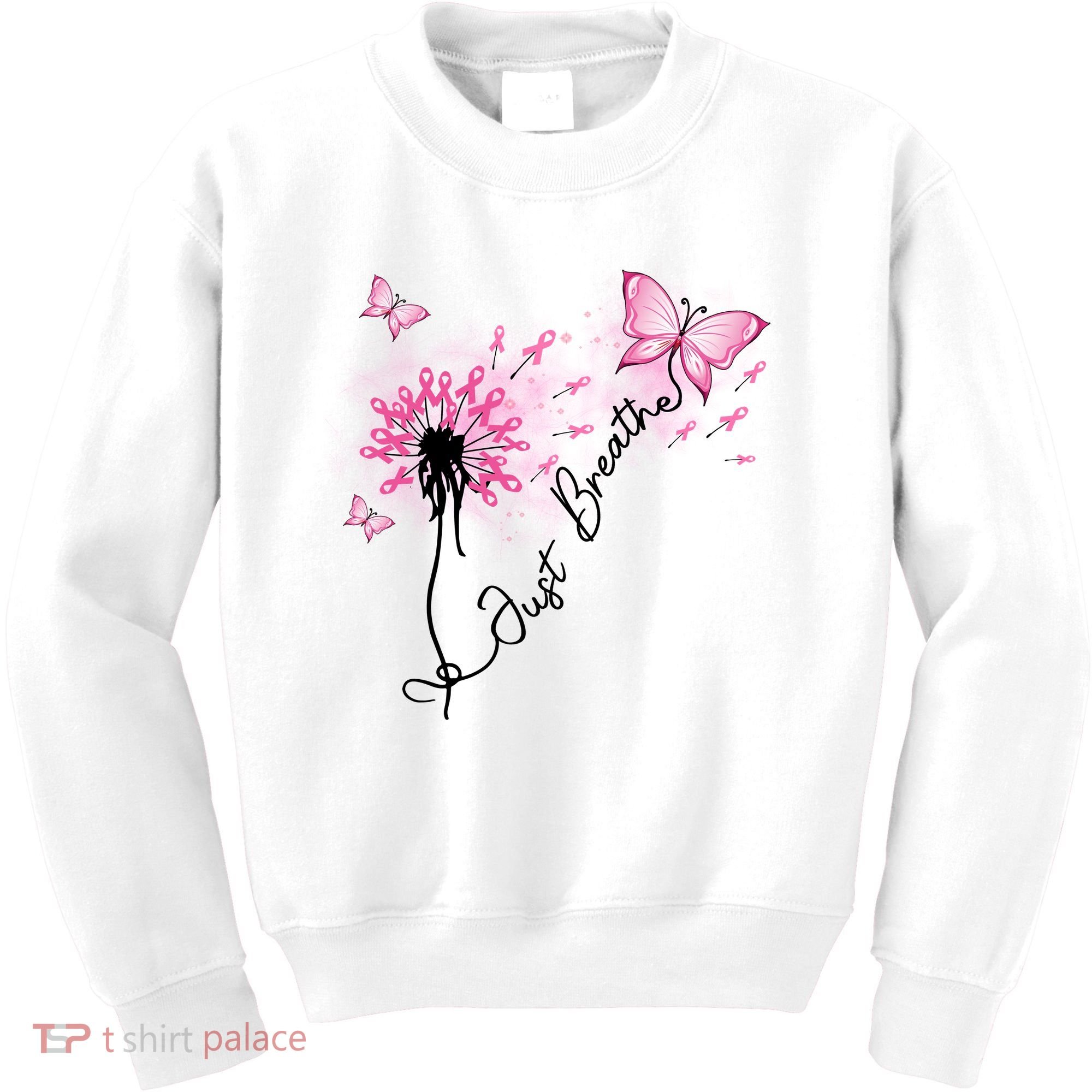 Breast Cancer Awareness Just Breathe Dandelion Pink Ribbon Butterfly Kids Sweatshirt