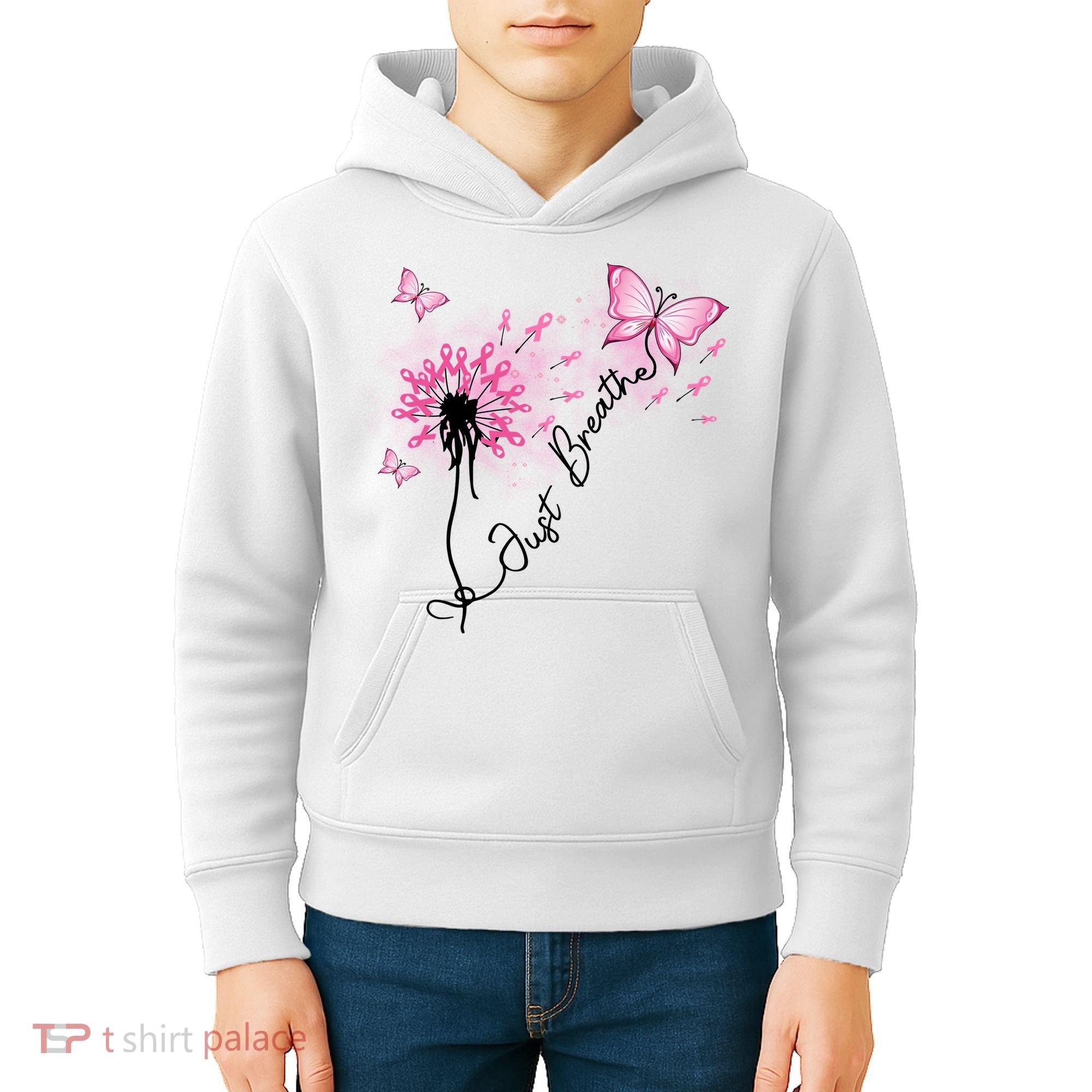 Breast Cancer Awareness Just Breathe Dandelion Pink Ribbon Butterfly Kids Hoodie