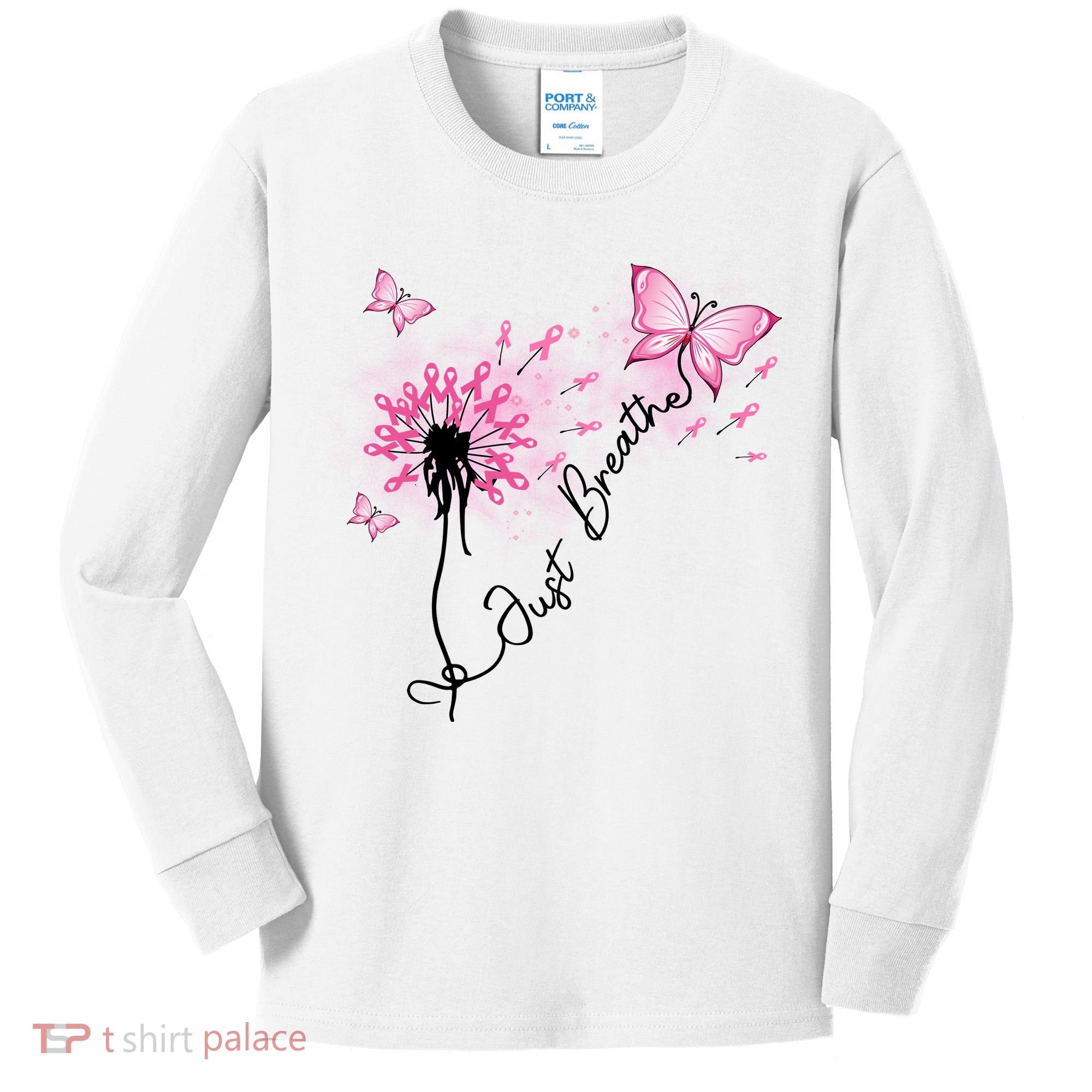 Breast Cancer Awareness Just Breathe Dandelion Pink Ribbon Butterfly Kids Long Sleeve Shirt