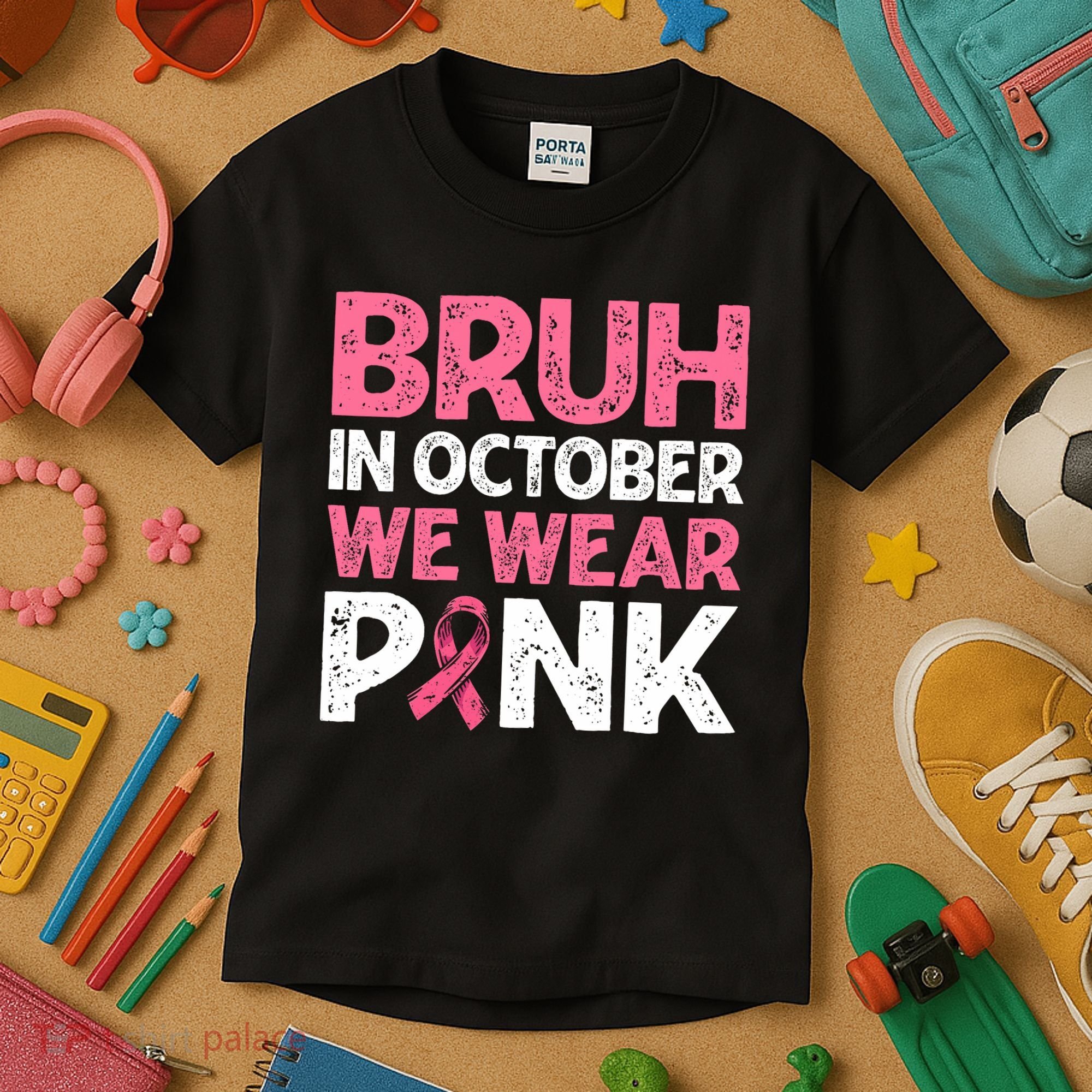 Breast Cancer Awareness For Boy Bruh In October We Wearpink Kids T-Shirt