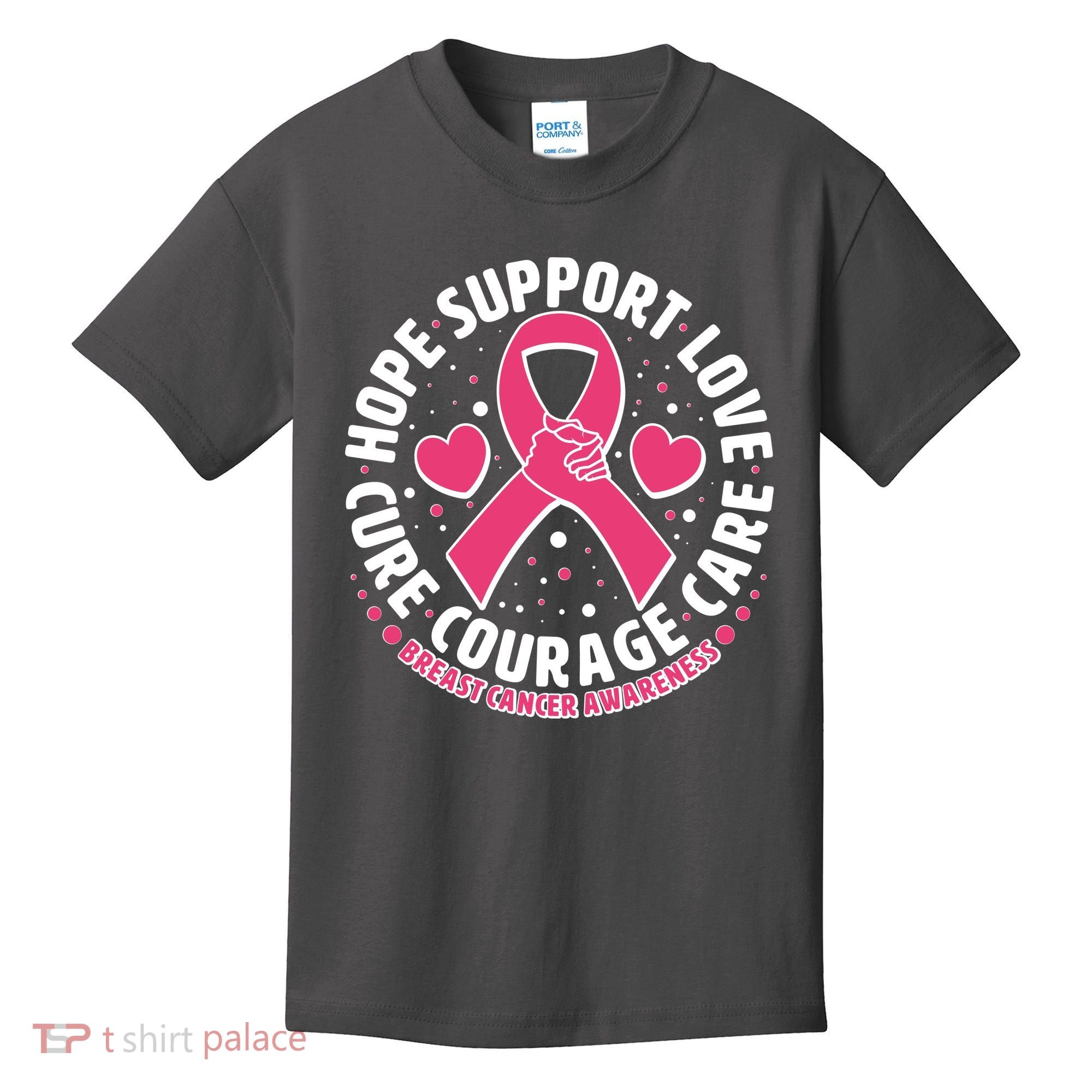 Breast Cancer Awareness Hope Support Love Cure Courage Care Kids T-Shirt