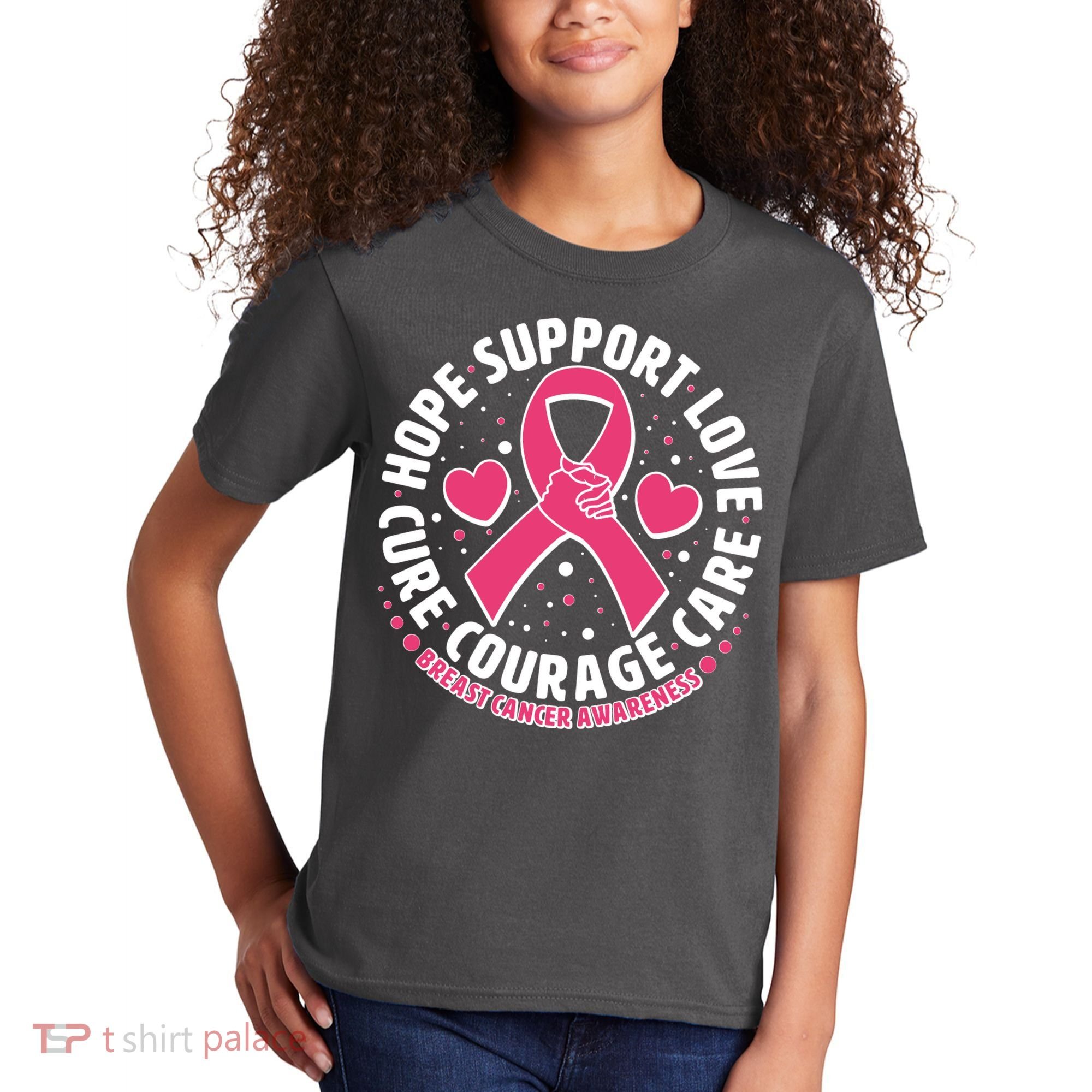 Breast Cancer Awareness Hope Support Love Cure Courage Care Kids T-Shirt