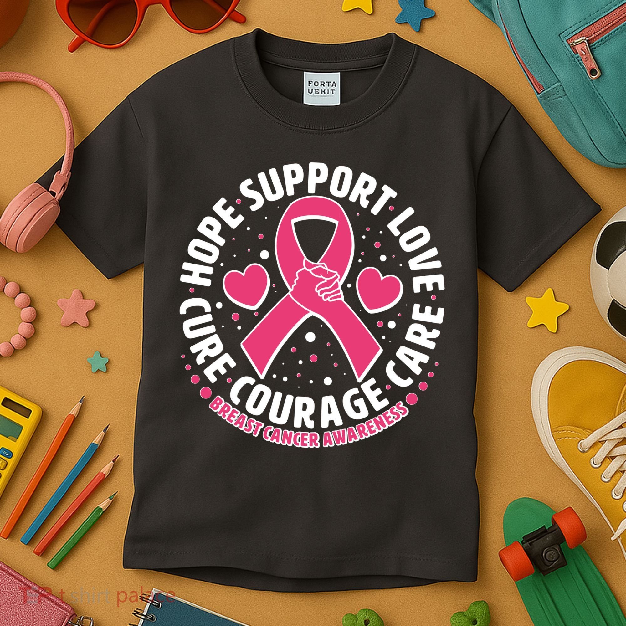 Breast Cancer Awareness Hope Support Love Cure Courage Care Kids T-Shirt