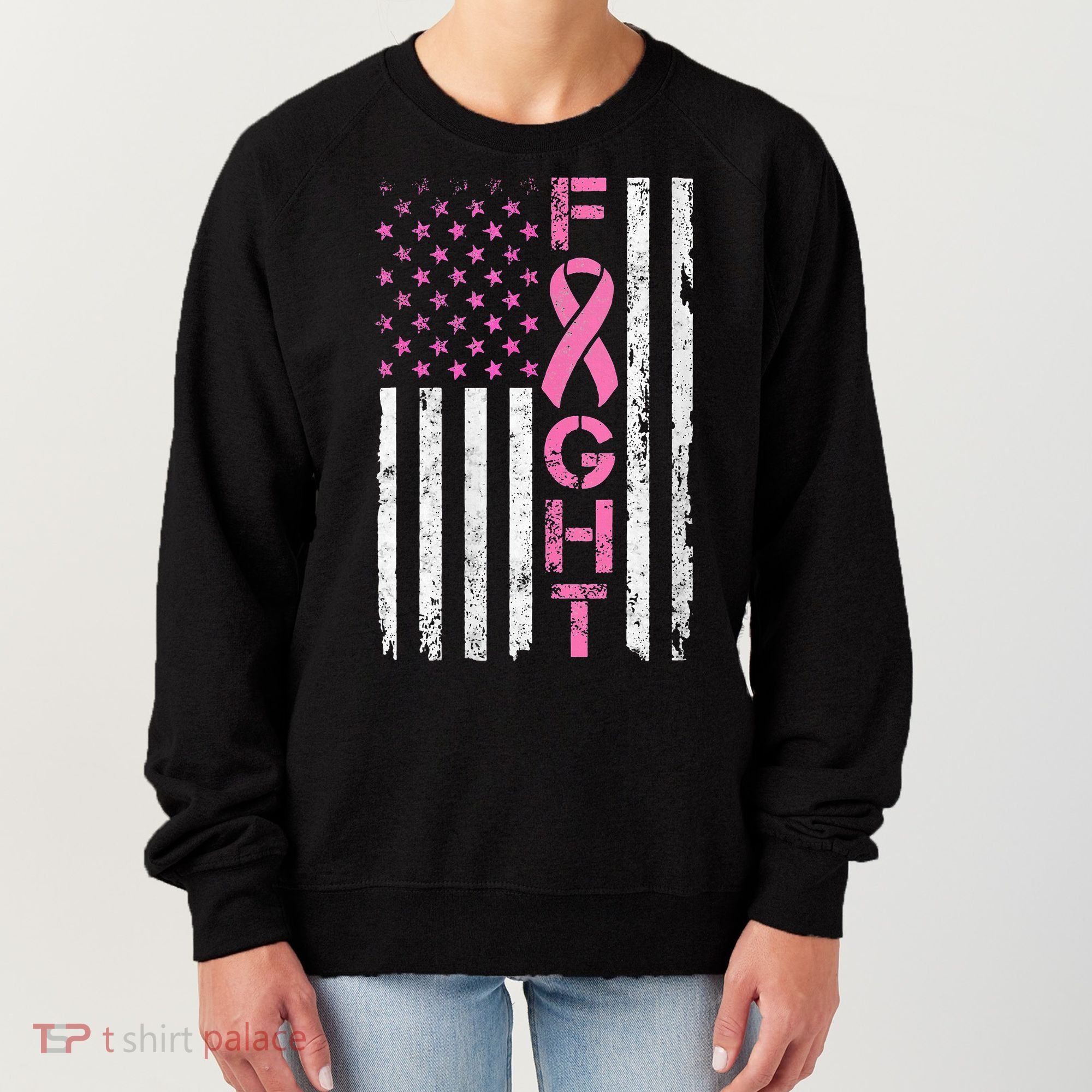 Breast Cancer Awareness American Flag Distressed Women's Sweatshirt
