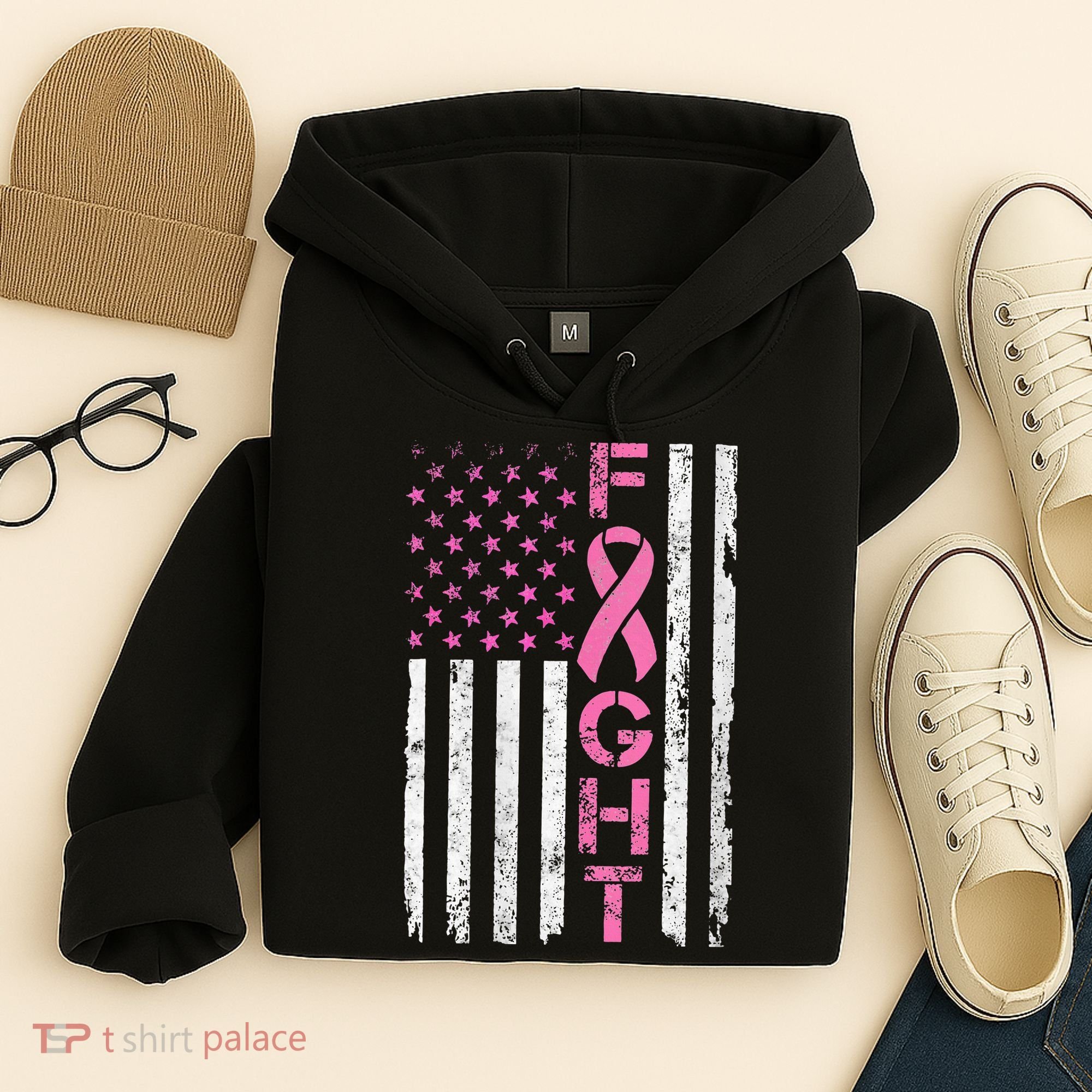 Breast Cancer Awareness American Flag Distressed Hoodie